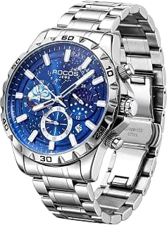 ROCOSJEWE R0916 Men’s Quartz Watch with Blue and Black Dial, Stainless Steel Strap, Date, Moon Phase and Luminous Hands
