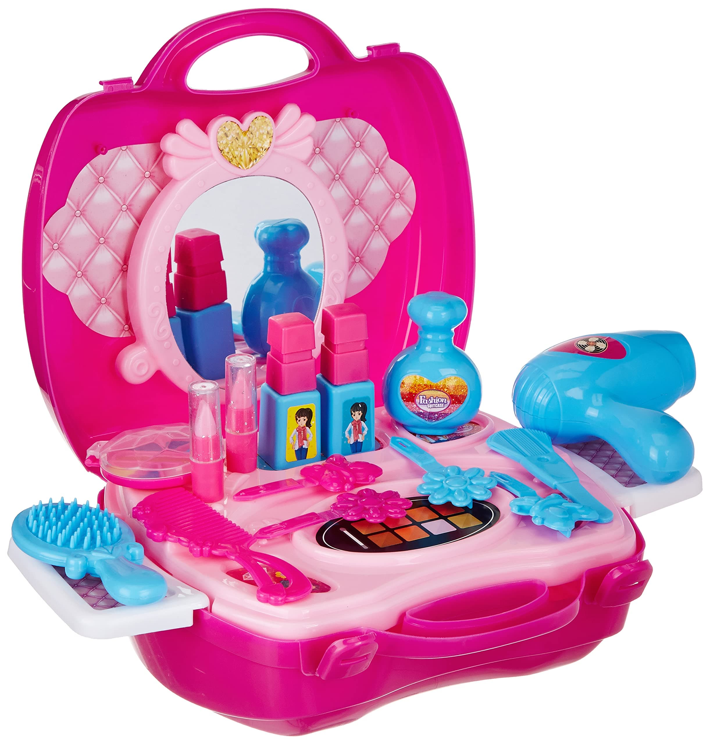 Amazon Brand - Jam & Honey Suitcase Makeup Set Toy for Kids 3+ Years, BIS Certified Safe for Kids, Portable Pretend Play Beauty Kit with Accessories, Role Play Cosmetic Set for Girls, Pink & Blue