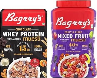 Bagrry's Fruit N Fibre Muesli, Mixed Fruit, 1000g & Bagrry's Protein Muesli with Whey Protein, Almonds and Oats, 500g