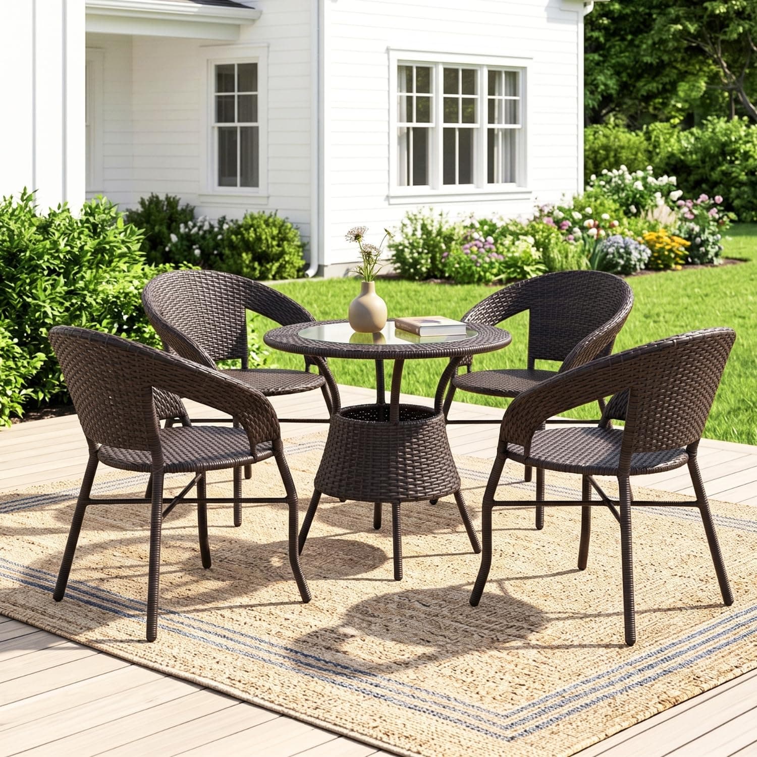 DEVOKO 5 Piece Wicker Patio Conversation Furniture Set Outdoor Rattan Sectional Chair and Table Bistro Set for Backyard, Porch, Garden, Poolside, Balcony (Dark Brown)