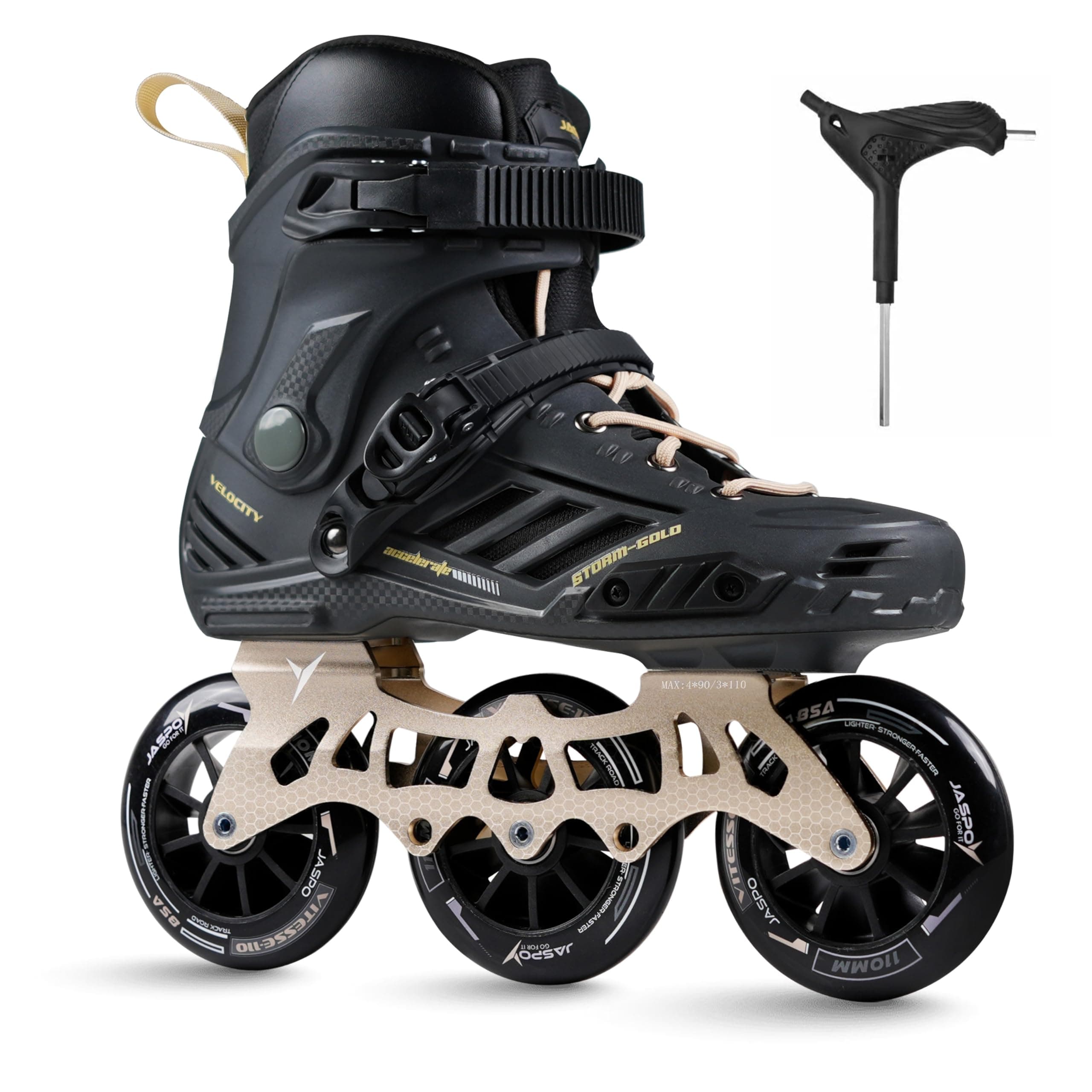 Jaspo Vitesse- Storm Gold | Limited Edition| Hard Boot | CNC Aluminum Frame | 110mm 85A Wheels | Triple Lock Buckle + Lace System | EVA Liner | Urban Skating | (Black & Gold, XL (UK Size-7-8.5)