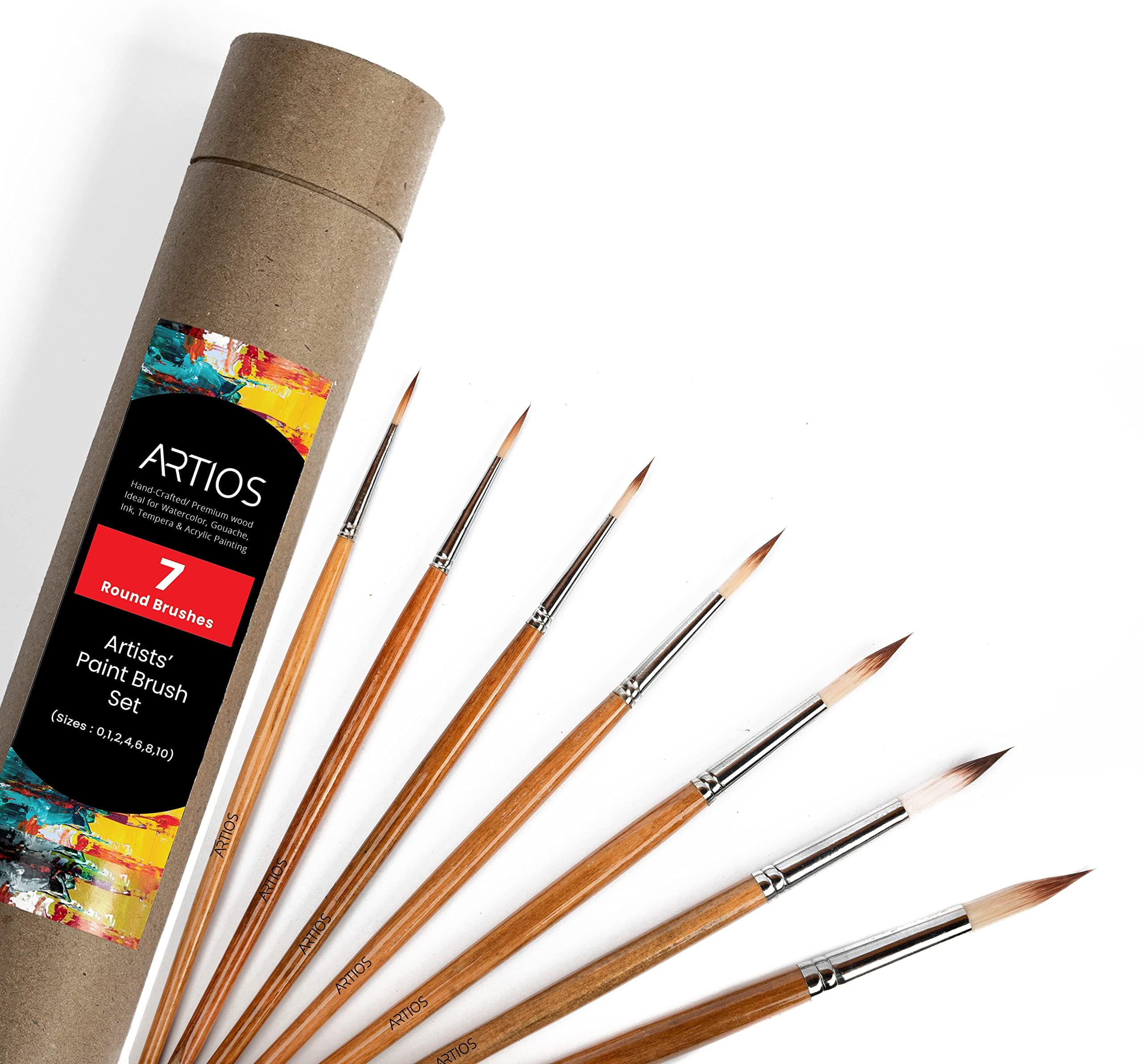 ARTIOS Handmade Professional Artist Painting Brush Set for Acrylic, Watercolor, & Gouache Painting with Brush Holder - Cruelty-Free (7 Round Brushes)(Wood)