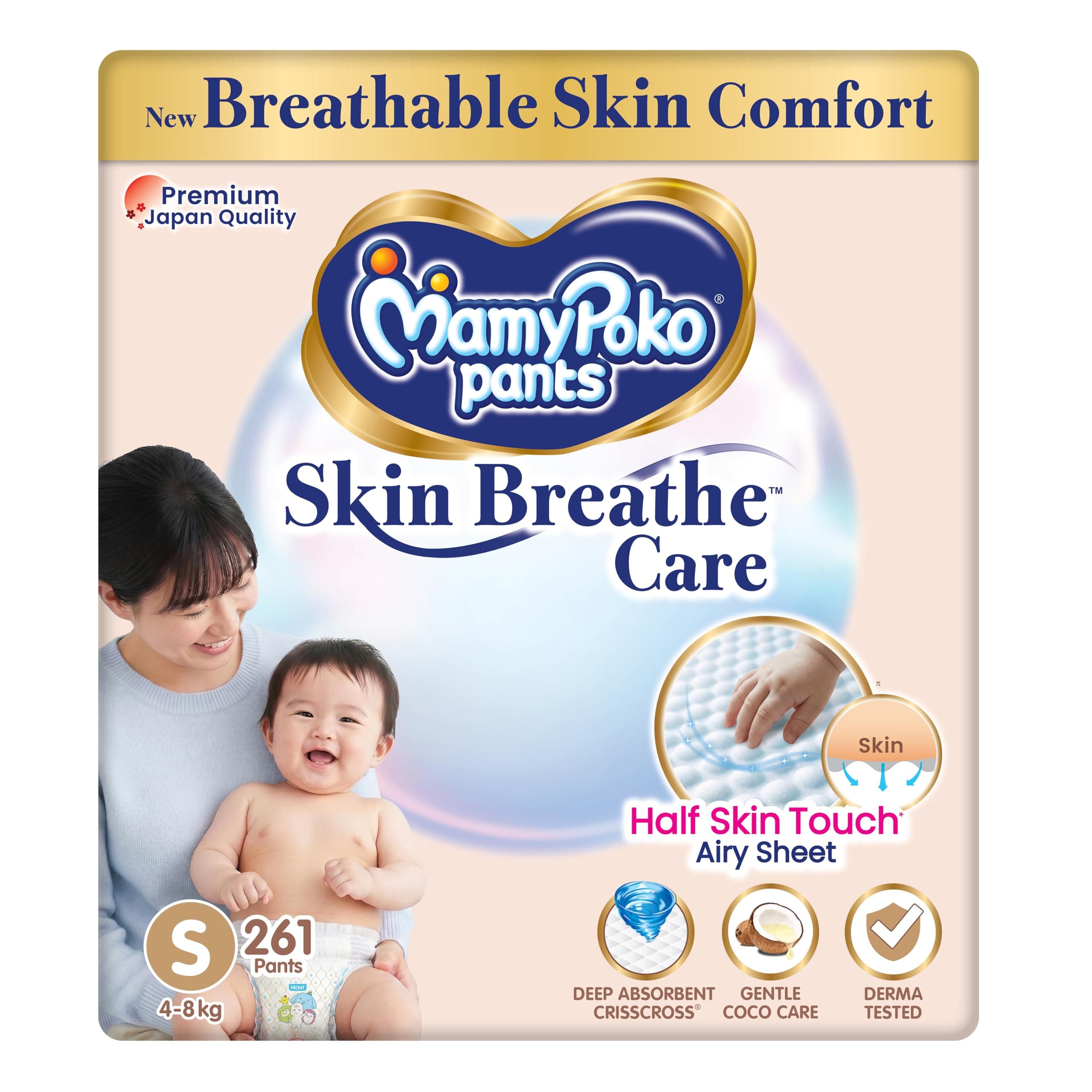 MamyPoko Pants Skin Breathe Care | Baby Diapers Small Size (S) | 261 Count | 4-8Kgs | Half Skin Touch Airy Sheet | 3X Breathable | Derma Tested