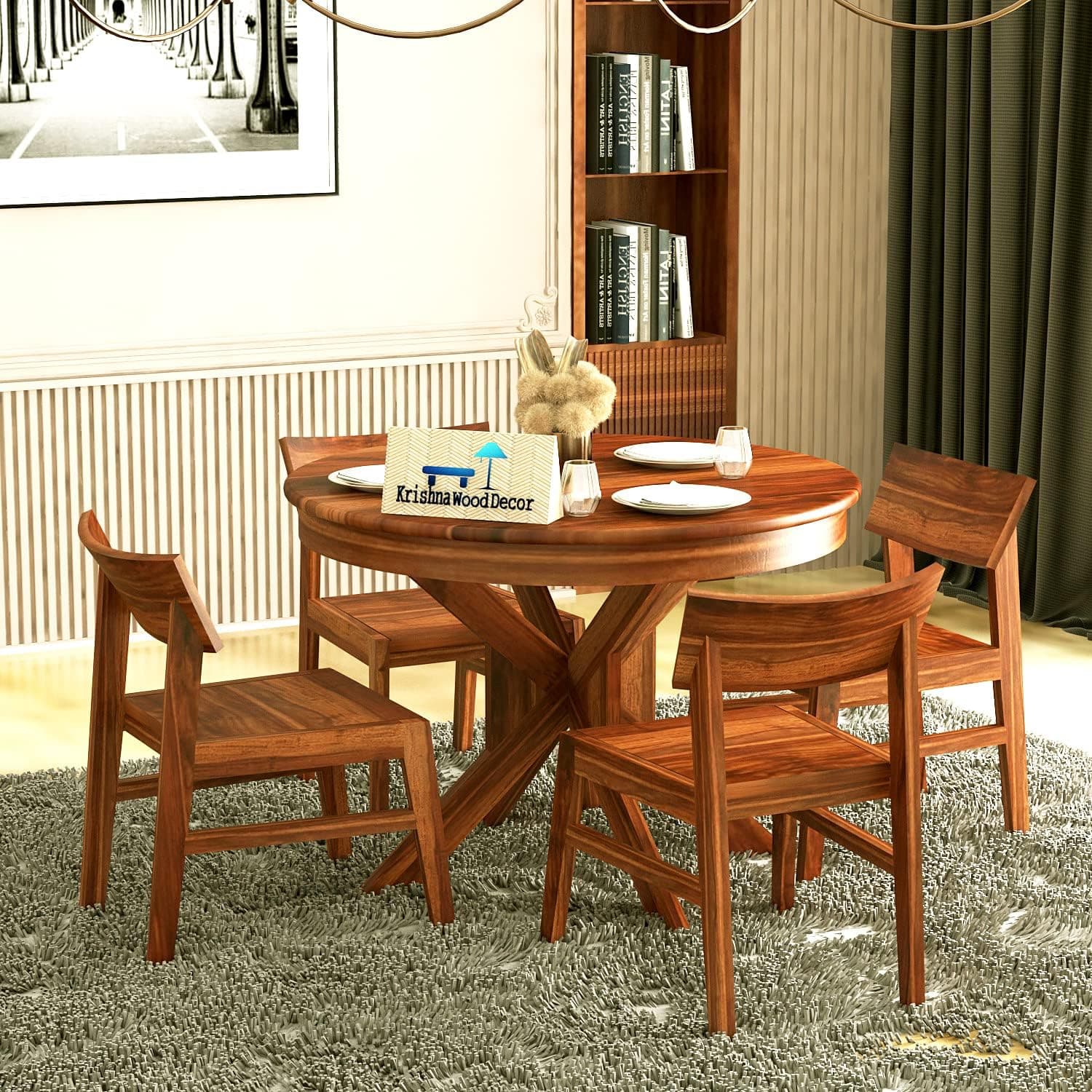 Krishna Wood Decor Sheesham Wood Round Dining Table Set 4 Seater | Four Seater Dining Table with 4 Modern Curved Chairs for Living Room | 4 Seater Dining Set for Hotel, Restaurant | Teak Finish