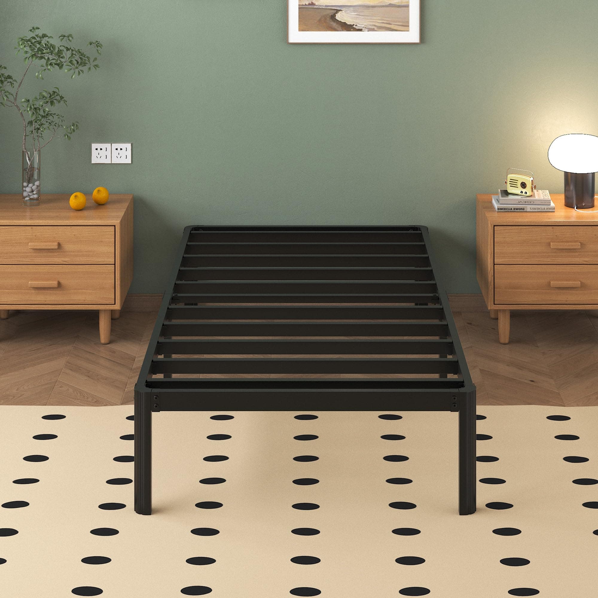 Lutown-Teen 14 Inch High 75x35 Single Metal Platform Bed Frame with Under Bed Storage Space-(Powder Coated_Black)