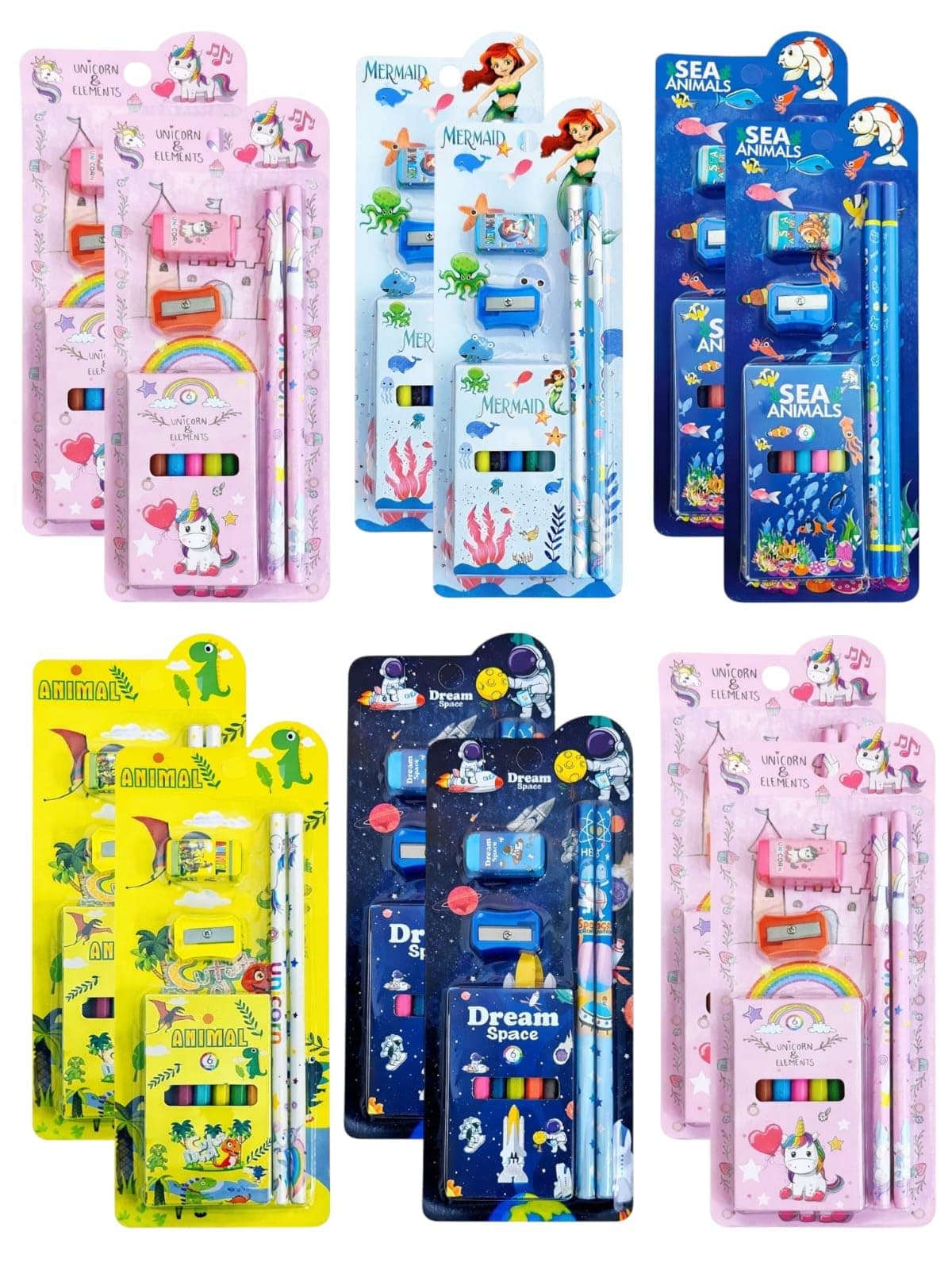 TERA 13 Kids Cartoon Stationery Gift Combo with Pencil, Sharpener, Eraser & Mini Colour Set Pack of 6 |Perfect Kanjak & Birthday Gift for Kids Party Return Favour Set for Girls & Boys (pack of 6 set)