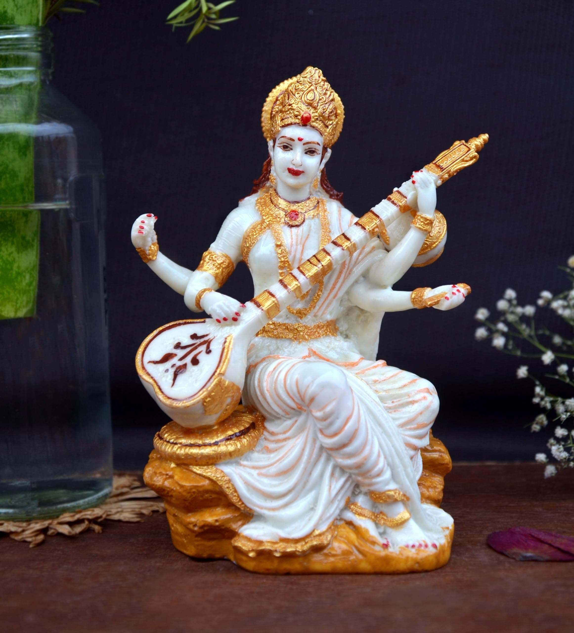 Shri balaji craft Marble Dust Beautiful Maa Saraswati Murti Sculpture Hindu Goddess Saraswati Ji Murti God Idol for Knowledge Meena Vadak Statue
