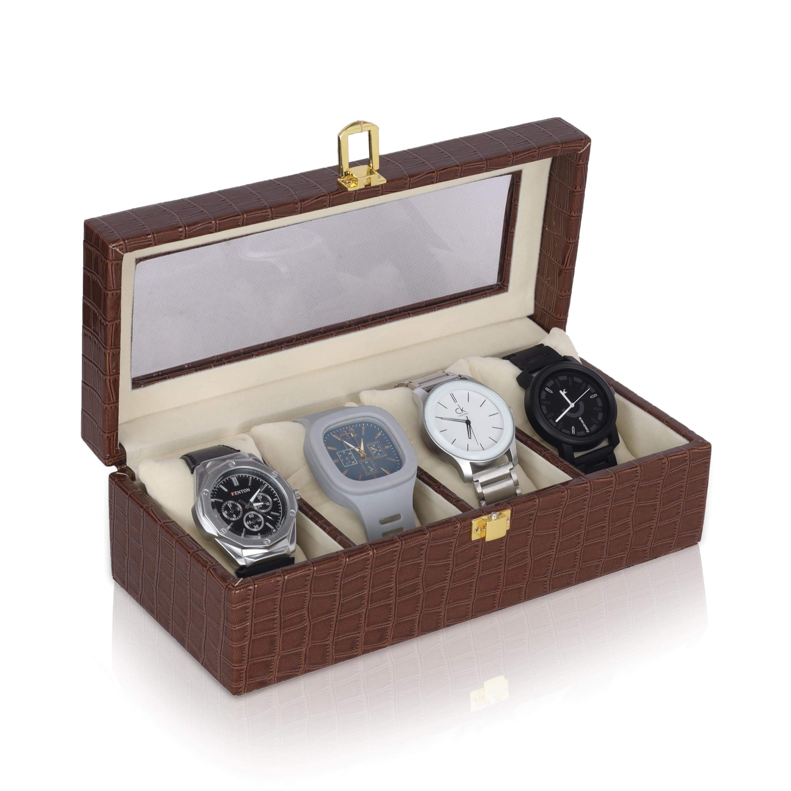 Aqsa Leather PU Leather 4 Slots Watch Box for Watches and Watch Case Organizer with Soft Pillow Display Watch Storage Box Dark Brown