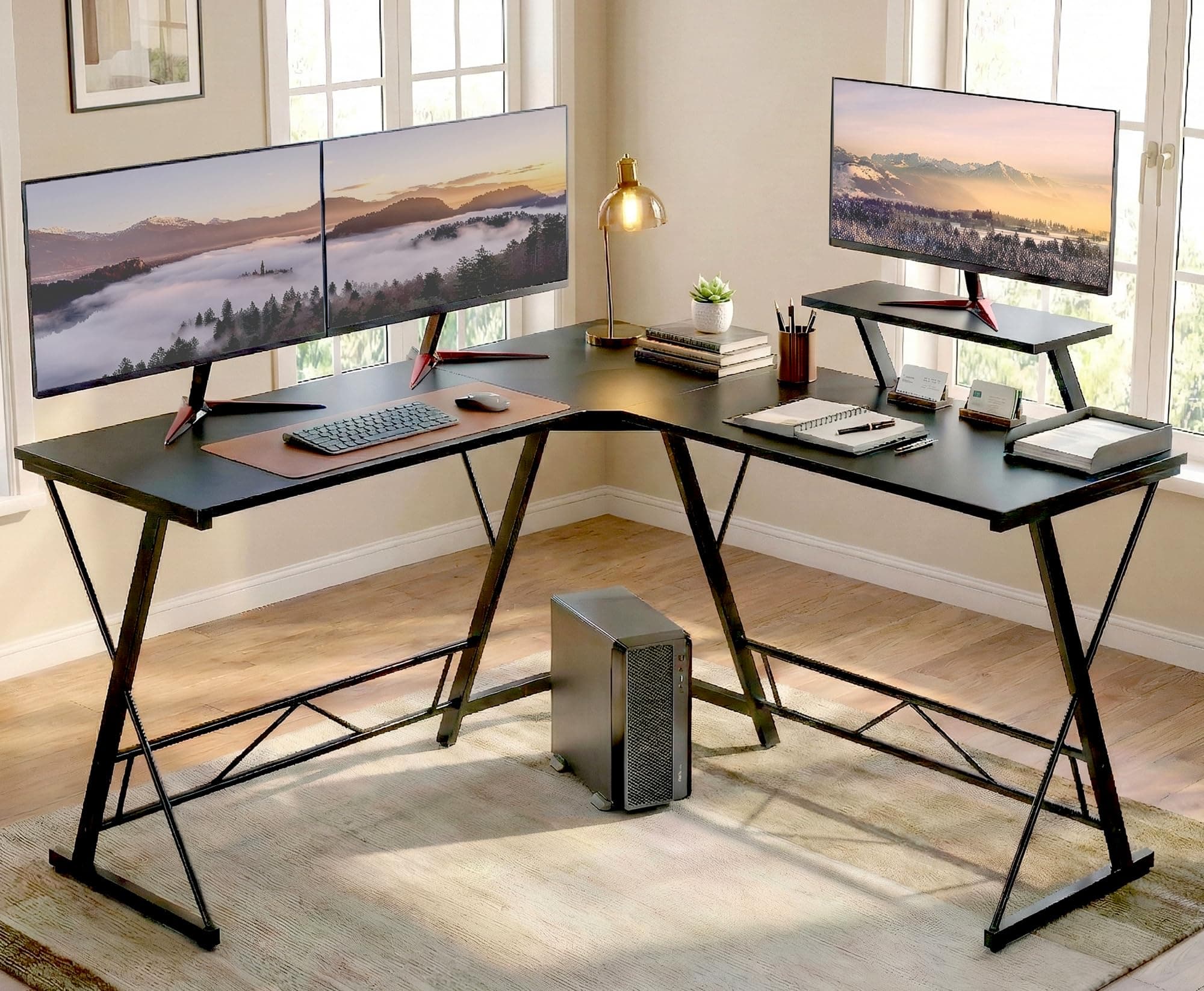 White Mulberry L-Shape Corner Desk | Monitor Raising Shelf | Made of P2 Grade Melamine Particle Board & Sturdy Steel Leg | Suitable for Office, Home, Gaming, Streaming | Black |L(130+130)*B45*H77cm