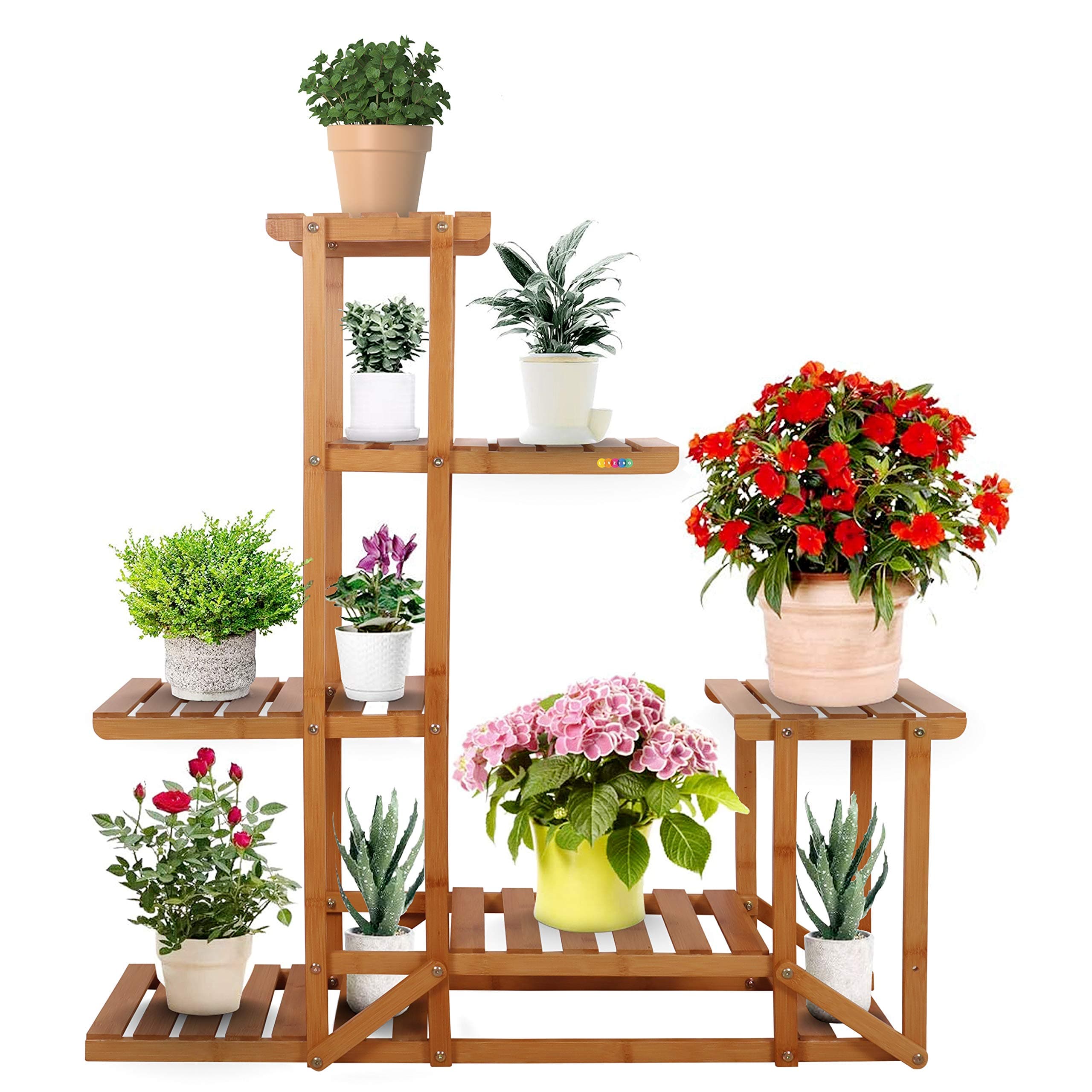 Livzing 6 Tier Wooden Planter Stand, Bamboo Plant Pot Stand For Balcony, Living Room, Garden, Outdoor, Indoor - Step tiered Flower Pot Holder - Corner shelf, Display Rack for plants, Gamla Stand
