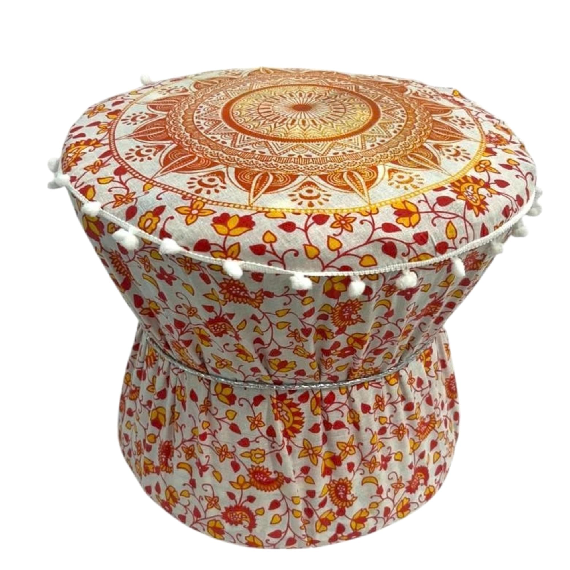 INDYCRAFTY® Orange & White Boho Pouffe Ottoman Muda Cover Round Mandala Print Cotton Footstool Set of 1 Pieces Mudda Cover ONLY