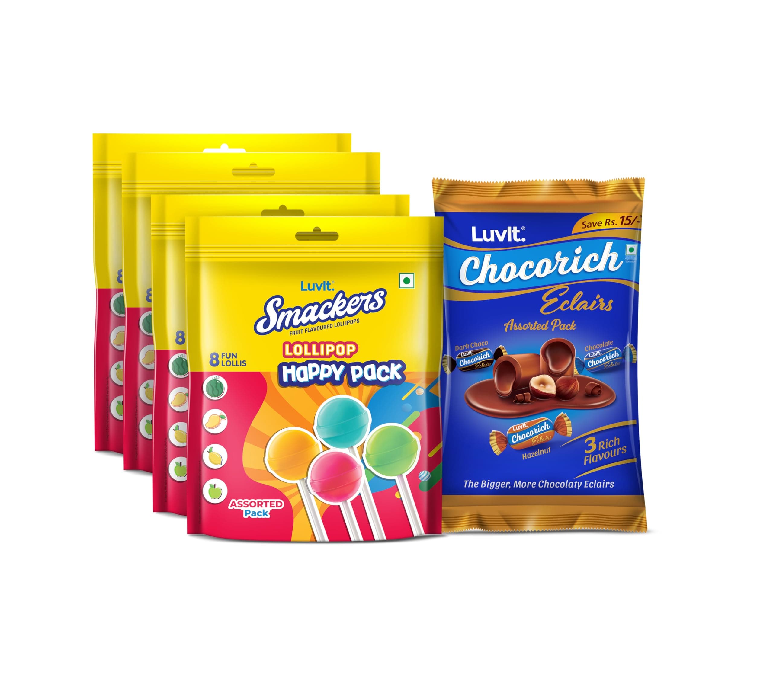 LuvIt. Smackers Fruit Lollipops with Surprise Toys (4 x 96g) & Chocorich Assorted Eclairs (Hazelnut, Dark, Classic – 60 pcs, 480g) | Chocolates & Candies Birthday Party Combo Pack