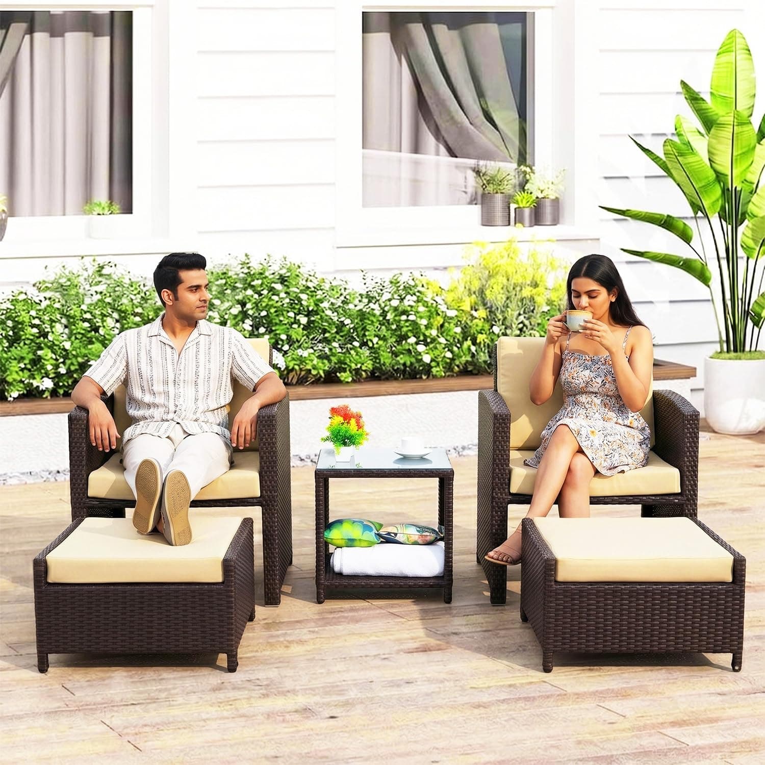 DEVOKO Valencia Outdoor 5 Piece All Weather Rattan Wicker Patio Sofa Set with Water Resistant Cushioned Chairs with Glass Top Table & Ottomans for Garden, Pool, Porch, Backyard (Dark Brown & Cream)