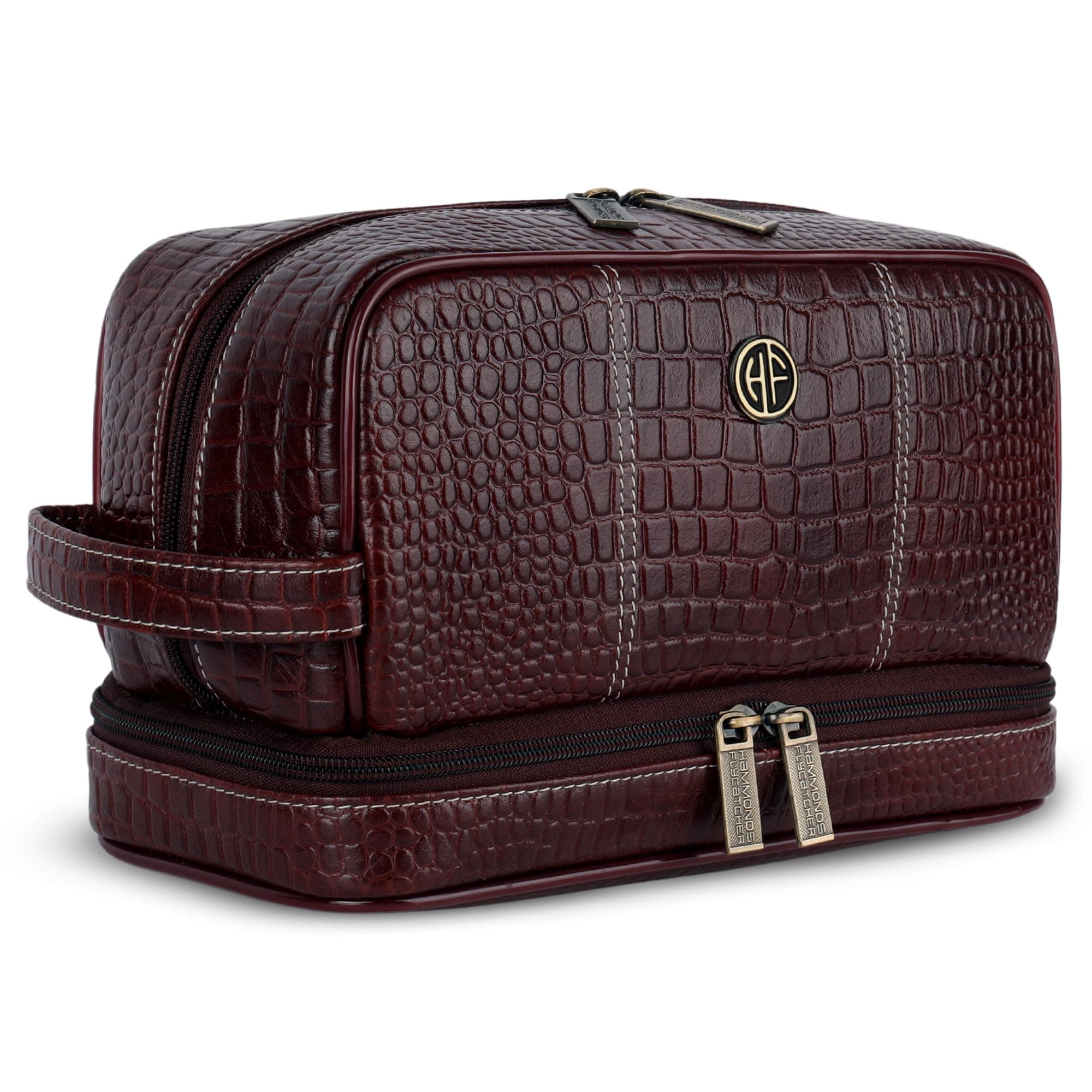 Hammonds Flycatcher Genuine Leather Toiletry Bag for Men and Women Cosmetic Organizer Bag, Travel Organizer Pouch, Shaving Kit Bag for Men Toiletry Pouch for Men with Multiple Pockets - Croc Brown