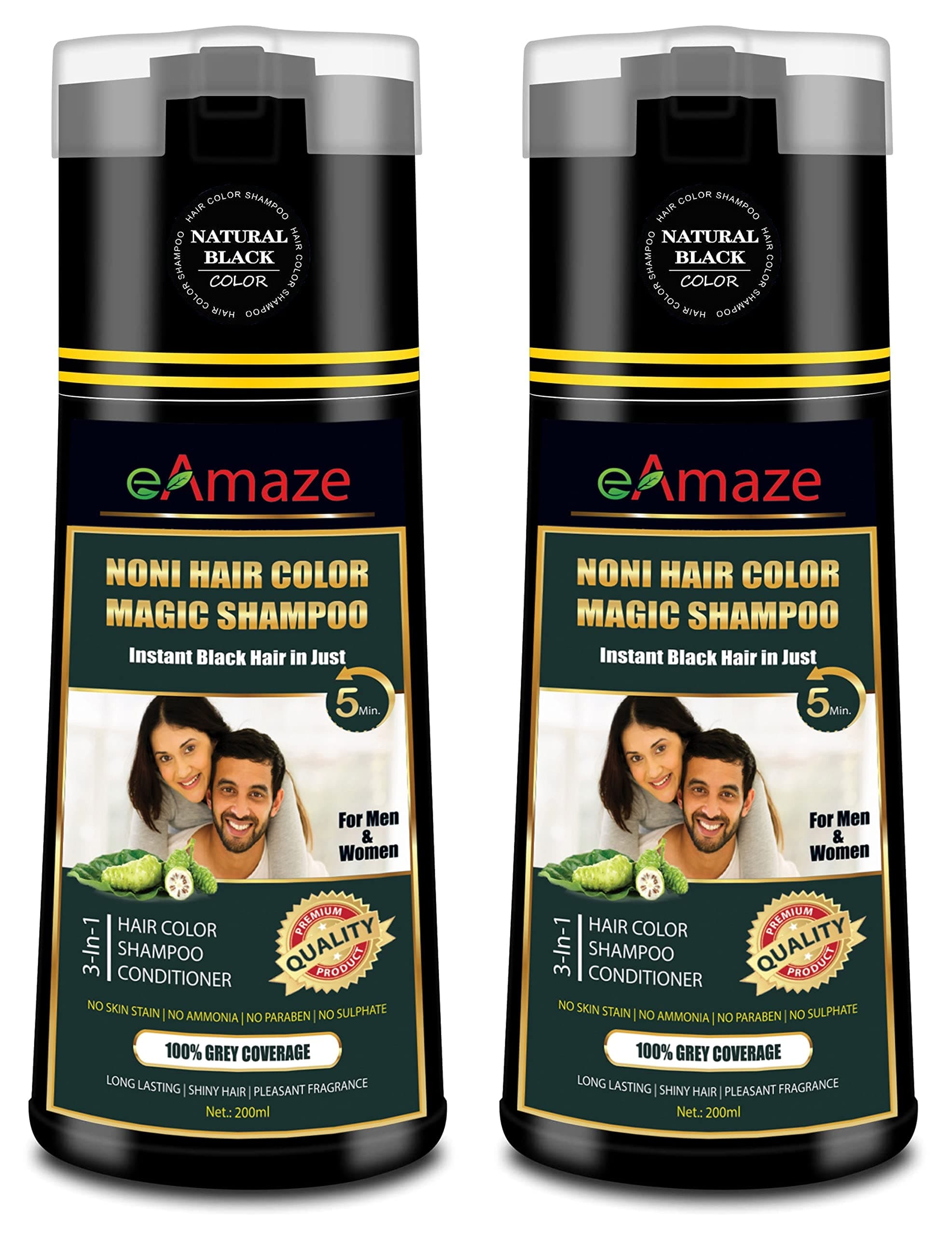 eAmaze Noni Black Hair Color Shampoo For Women & Men 200mlX2 (Natural Black) Professional Hair Color at Home | No Skin Stain, No Ammonia, No Paraben and Sulphate
