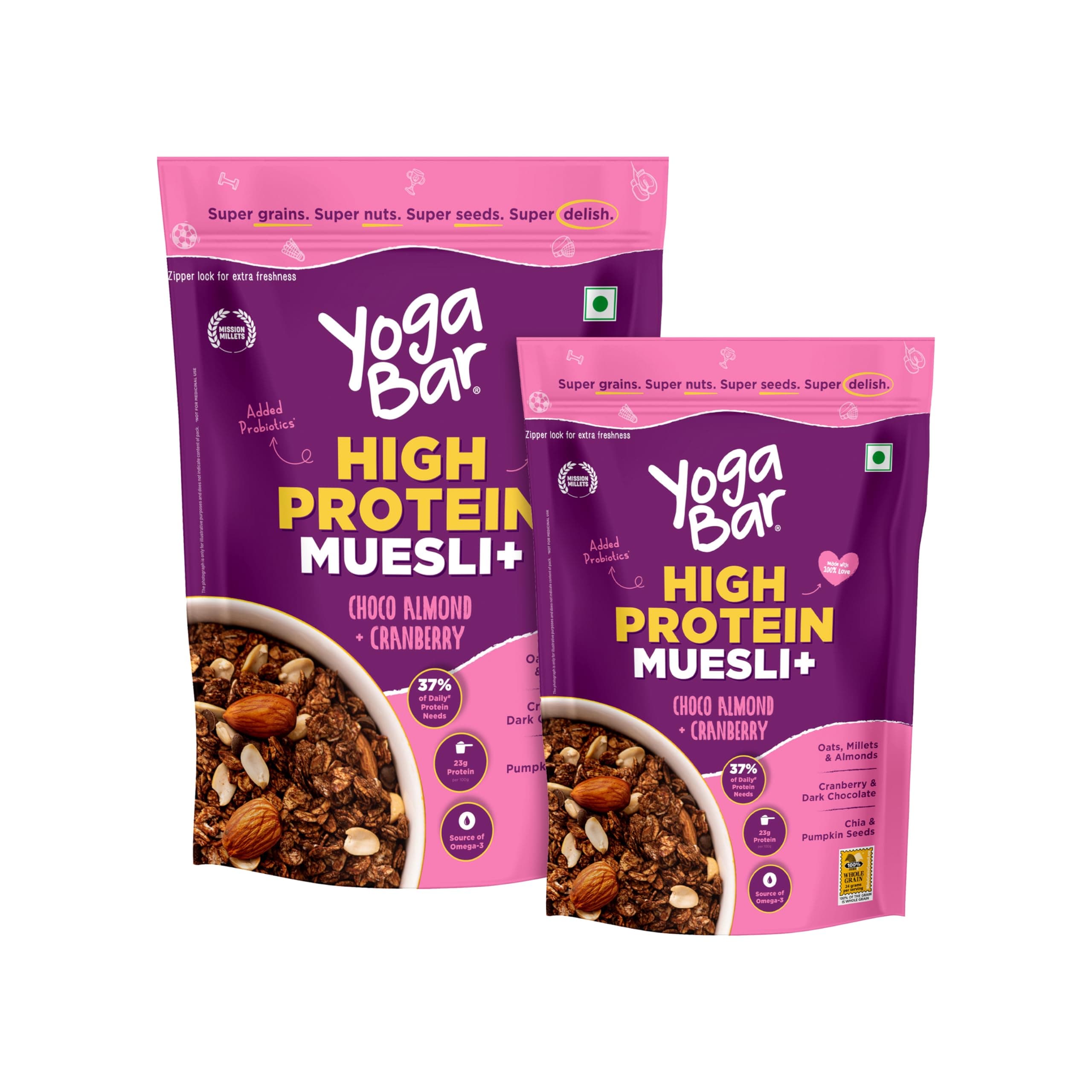 Yogabar High Protein Muesli Combo | 23g Protein per 100g | With Probiotics and| Easy on gut | Choco almond + Cranberry | High Fiber Food
