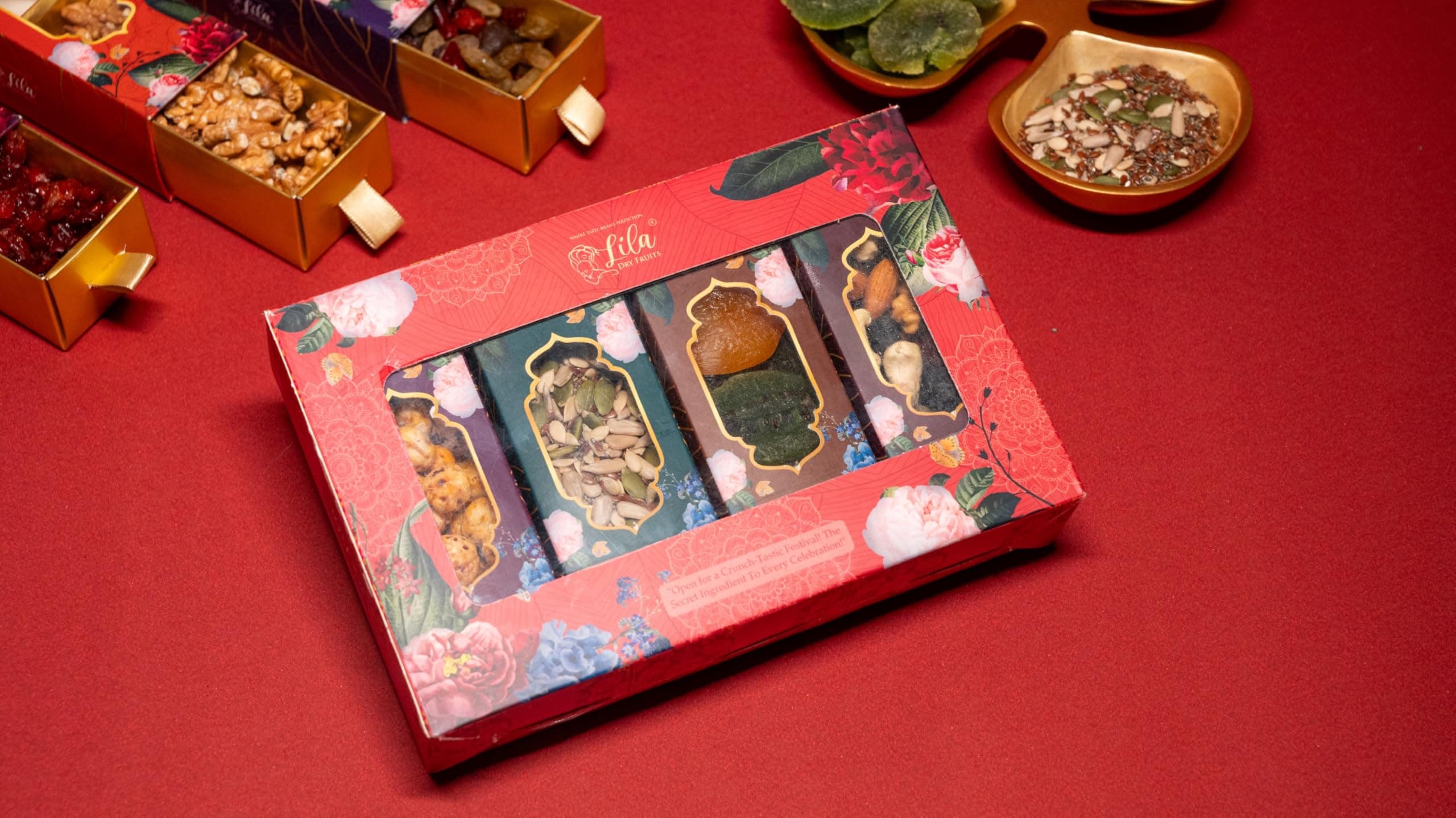 LILA DRY FRUITS Diwali Gift Hamper for Family and Friends with Masala Cashews, Masala Almonds, Salted Pistachios, Dried Cranberries Deepawali Hampers for Festive Wedding Corporate Gifting Hamper 1