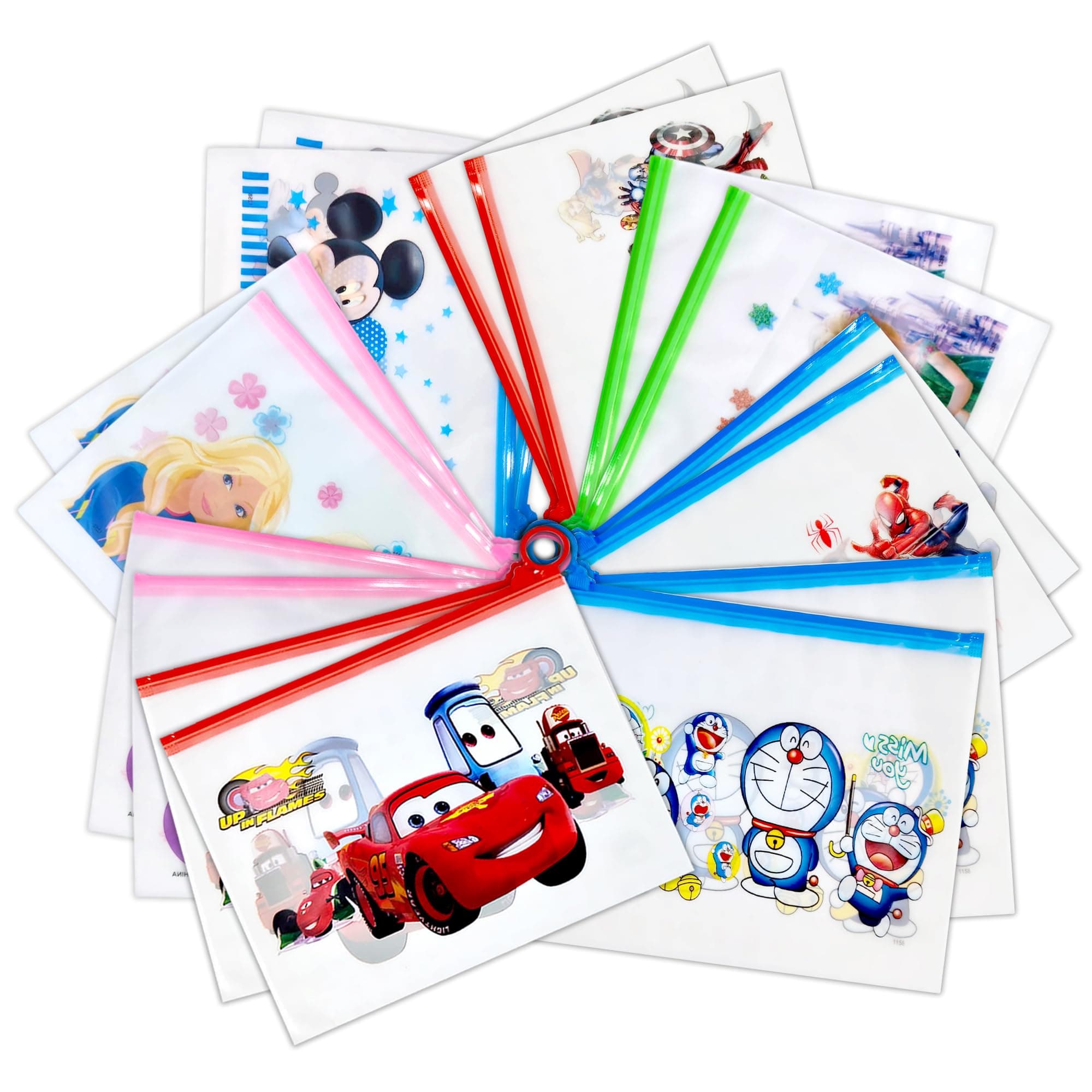 GLUN® Cartoon Print Pencil Pouch for Boys, Pack of 16 All Multi Translucent Printed Stationary Bag Organiser for School, Multi-Purpose Bag