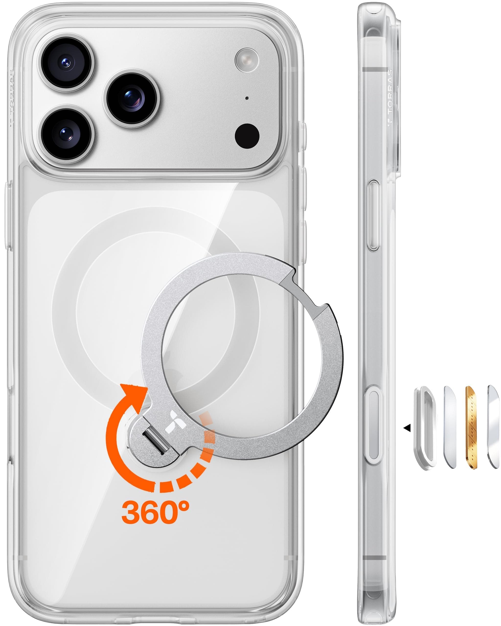 TORRAS Ostand Q3 Spin Case for iPhone 17 Pro Max with 360 Magnetic Stand, 4X Military Grade Shockproof Cover Compatible with MagSafe, Camera Control for Hands-Free Viewing Original Imported - Clear