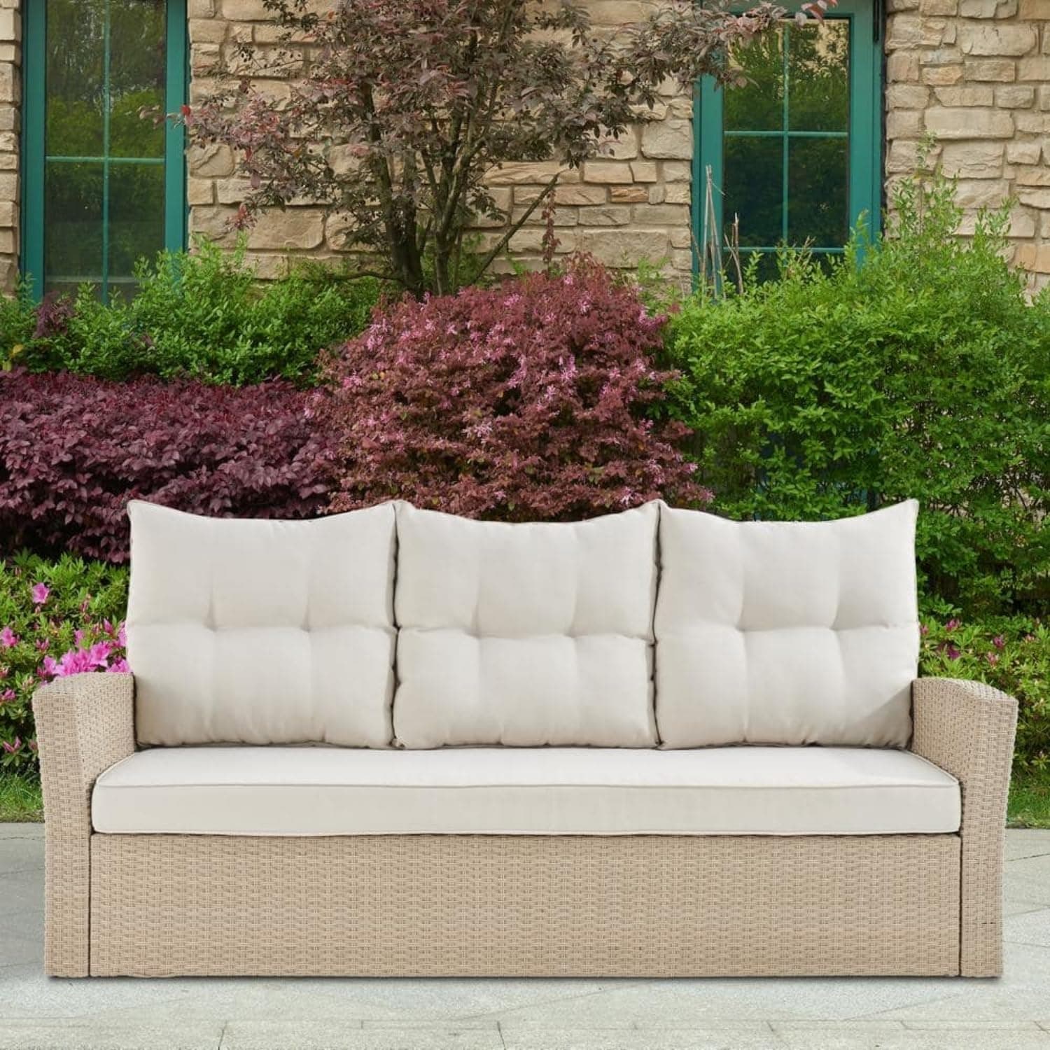DEVOKO 3-Seater Patio Wicker Sofa Outdoor Rattan Couch Furniture with Anti-Slip, Water Resistant Cushion Covers for Pool, Porch, Backyard, Balcony (Beige & Cream)