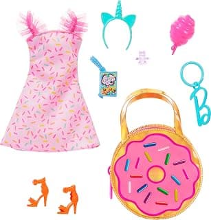 BARBIE Clothes and Accessories, Deluxe Keychain Donut Bag with Pink Sprinkle Dress and Candy Themed Accessories Dolls​​
