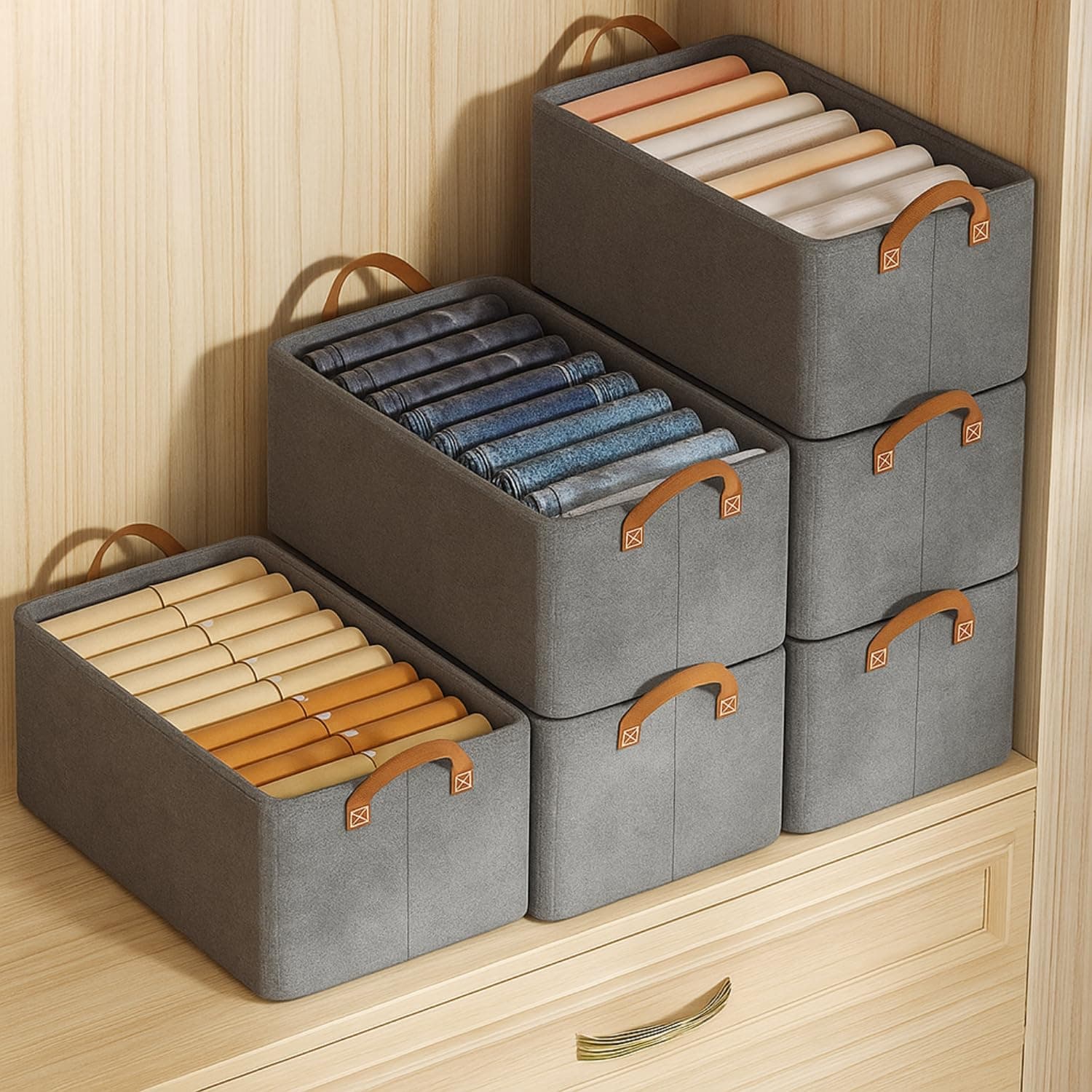 JD FRESH 6 Pcs of Large Foldable Storage Box and Organiser with Metal Frame/Woven Fabric Clothes Organizer with Handle/Wardrobe Organizer for Storage/Almirah Organiser for Shirts/Jeans/Sweater (Grey)