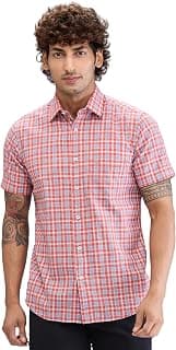 Colorplus Men's Regular Fit Checks Pattern Pure Cotton Plain Collar Half Sleeve Casual Shirt