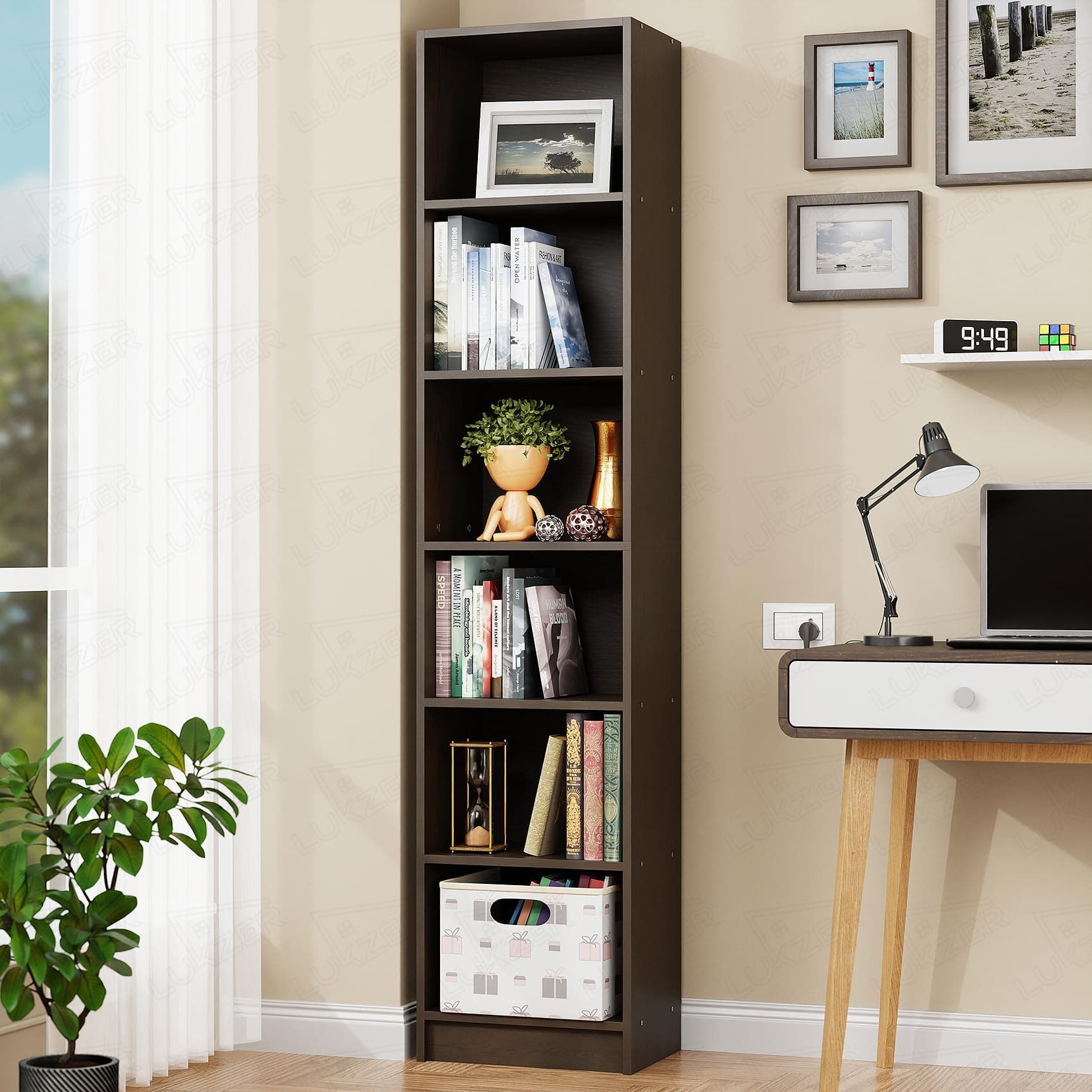 Lukzer Multipurpose Bookshelf | MR-006/Wenge | Multipurpose Storage Rack | Engineered Wood | for Living Room,Bedroom,Office,Retail Shop | Closed Back Rack | Rustproof | 182x40x28cm | Made in India