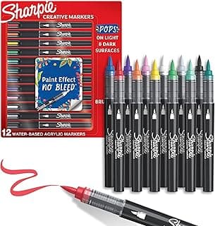 Sharpie Creative Markers, Water-Based Acrylic, Brush Tip, Assorted Colours, 12 Count – Arts & Crafts, Kids Activity, School Classroom; Works on Paper, Metal, Wood, Ceramic, Glass, Rock, Canvas