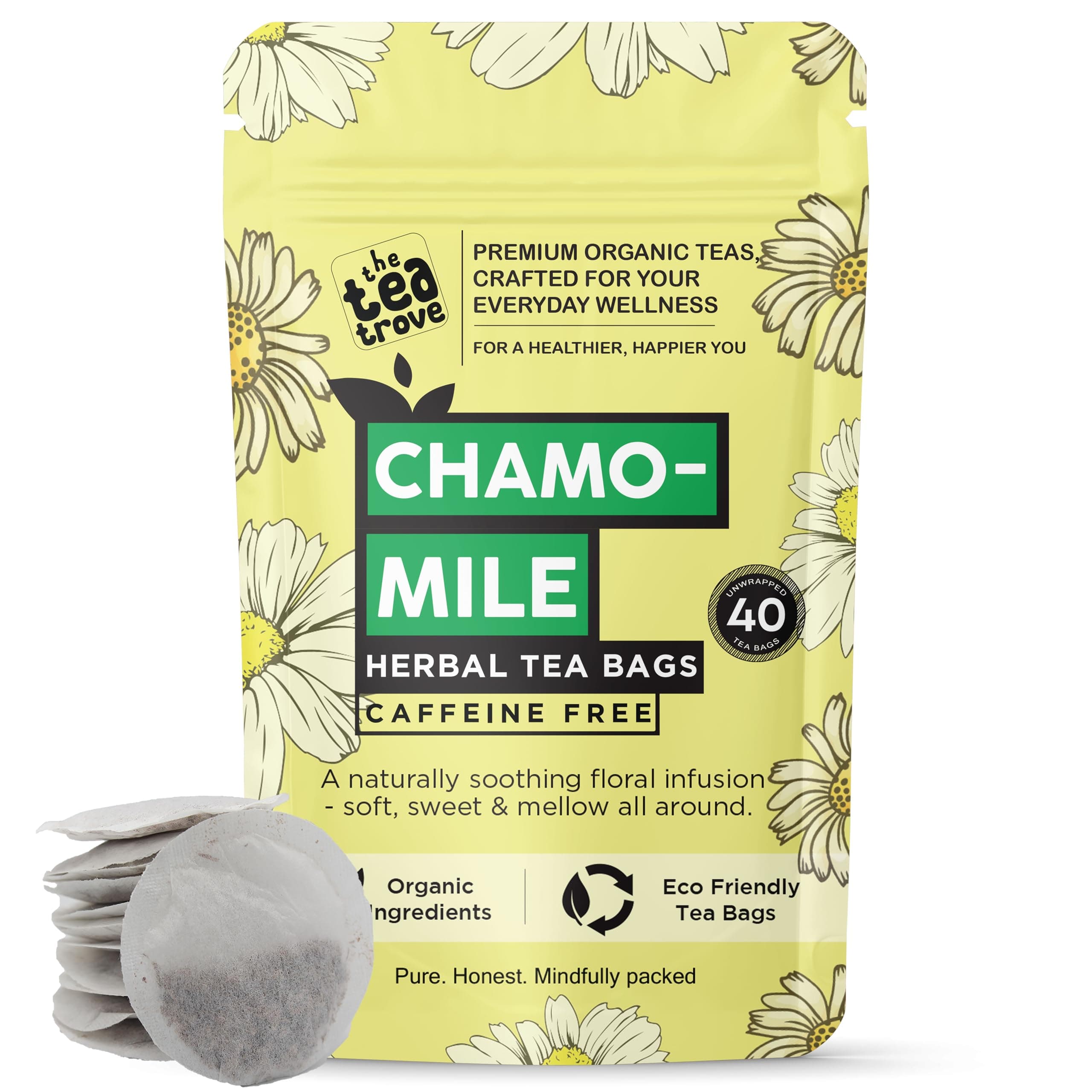 The Tea Trove Pure Chamomile Tea Bags Organic - 40 Eco-Friendly Caffeine Free Camomile tea in Resealable pouch - Steep Hot Or Iced | Pack of 1, 40 grams