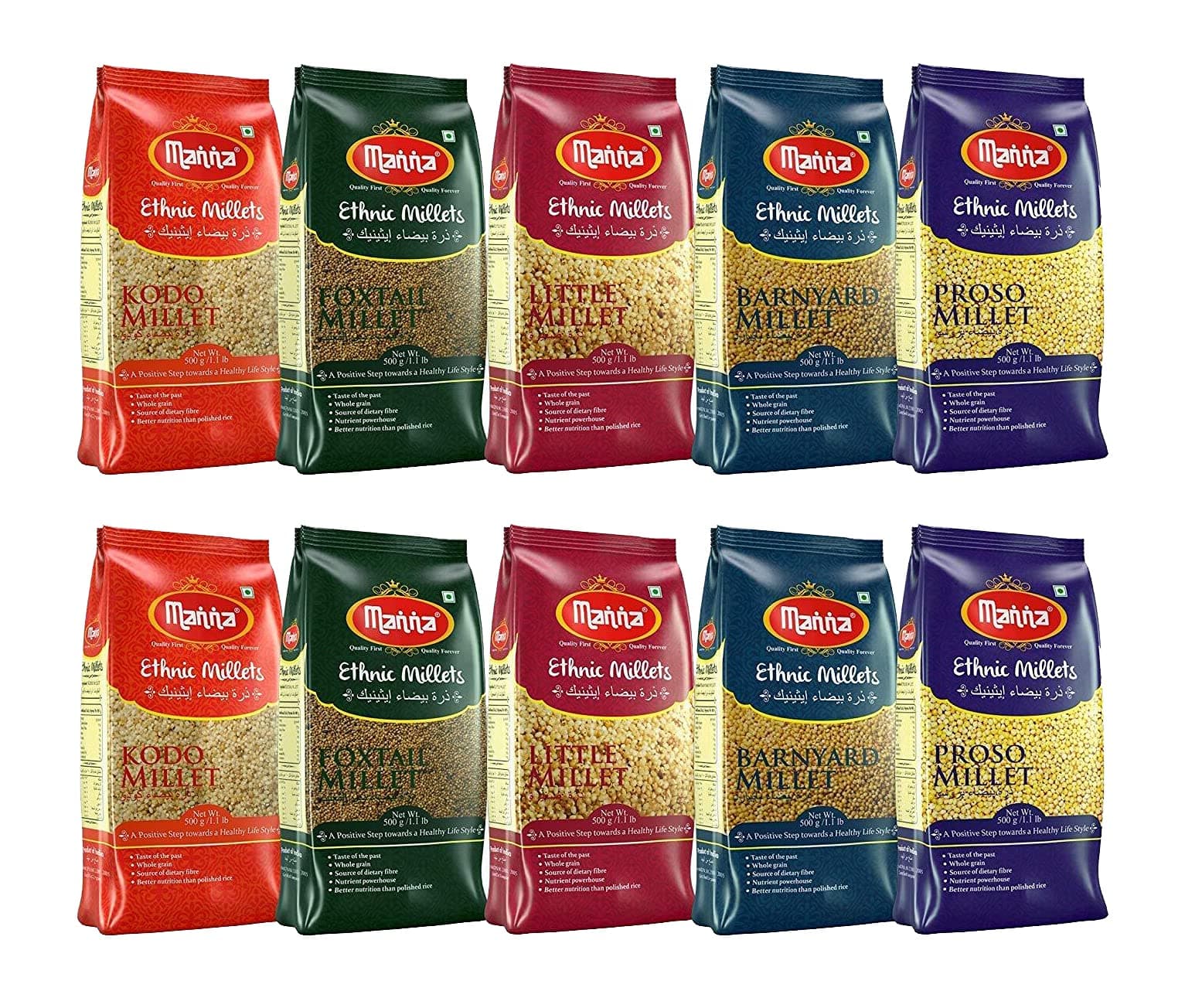Manna Millets 5Kg Whole Grains, Combo Pack of 5, Foxtail, Kodo, Little, Barnyard, Proso, Certified Low GI, Unpolished Natural Grains 500g (Pack of 10)