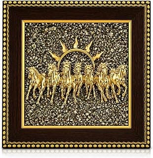 EverMineCrystal Money Attraction Wall Decor 7 Running Horses with Sun Pyrite Frame for Wealth, Success & Protection | Powerful Vastu Item for Home, Office & Business Growth | Lucky Gift
