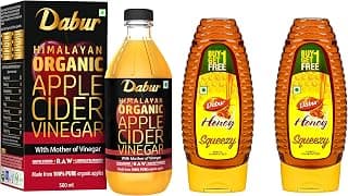 DABUR Himalayan Organic Apple Cider Vinegar with Mother of Vinegar - 500 ml & Dabur Honey :100% Pure World's No.1 Honey Brand with No Sugar Adulteration, Squeezy Pack - 400g (Buy 1 Get 1 Free)