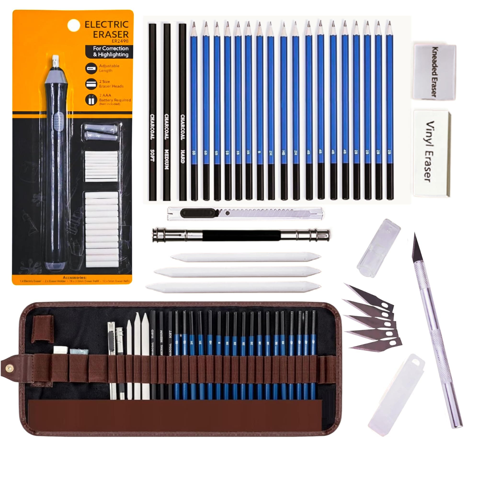 Corslet 31 Pcs Professional Drawing Pencil Set – 29 Pc Art Supplies Kit with Graphite, Charcoal, Sketch Pencils, Erasers, & Engraving Craft Pen Knife with Mechanical Eraser Blending Tools for Artists