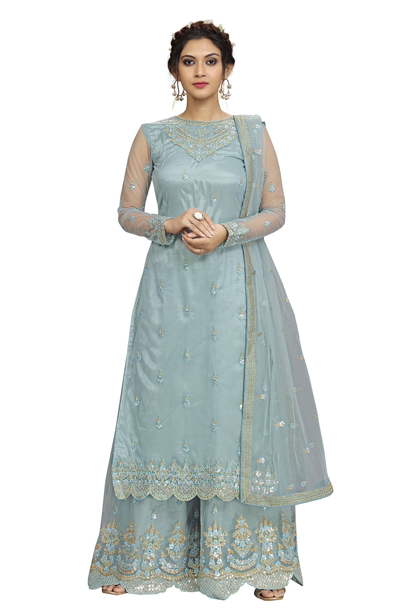 TRENDMALLS Women's Net Embroidery Salwar Suit Kurta Sharara Set with Dupatta Skyblue
