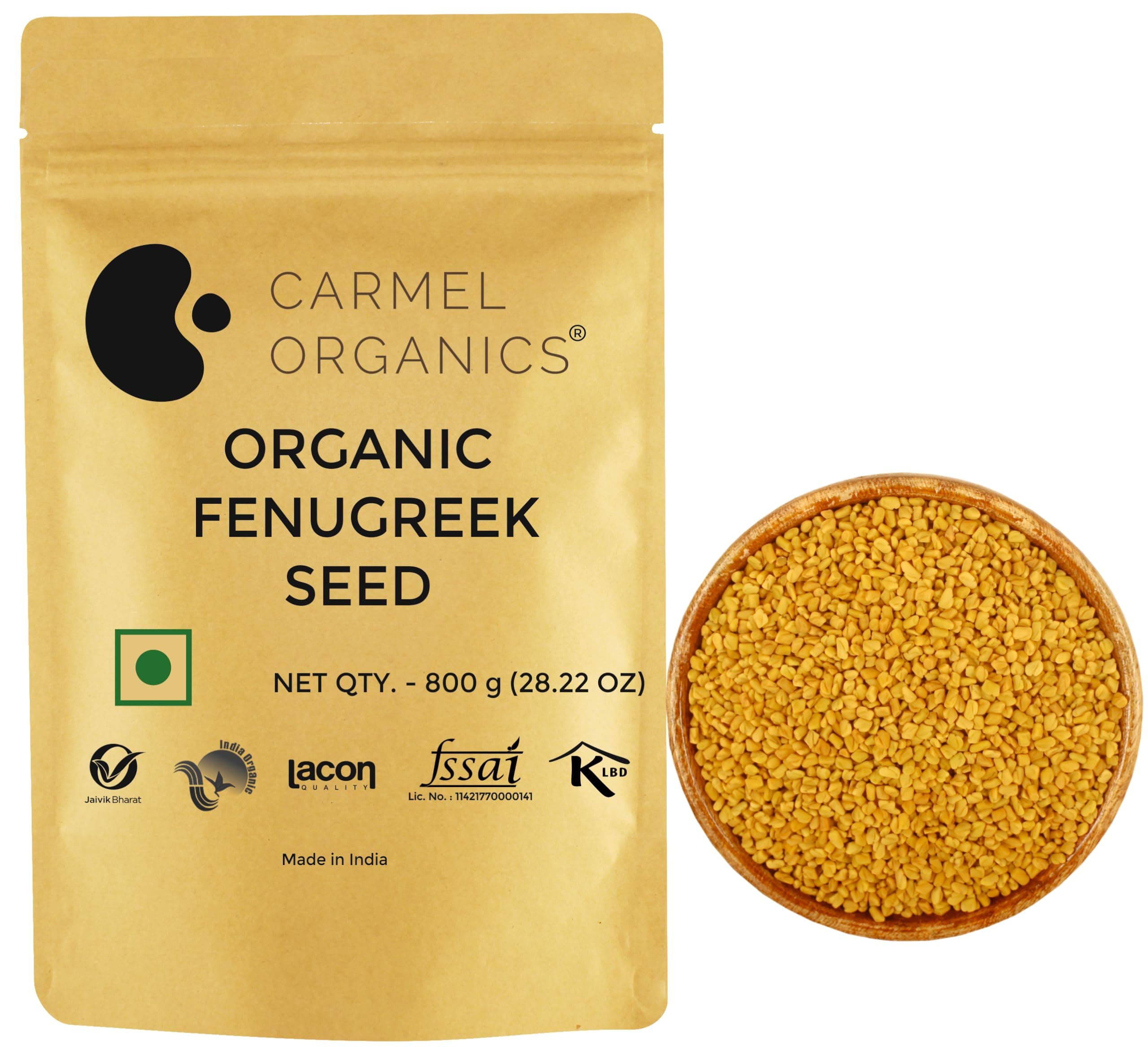 CARMEL ORGANICS Fenugreek Seed/Methi Seeds Whole 800 Grams | Hair Growth & Health Care, Trigonella Foenum-Graecum, Jaivik Bharat Certified, No Added Preservatives