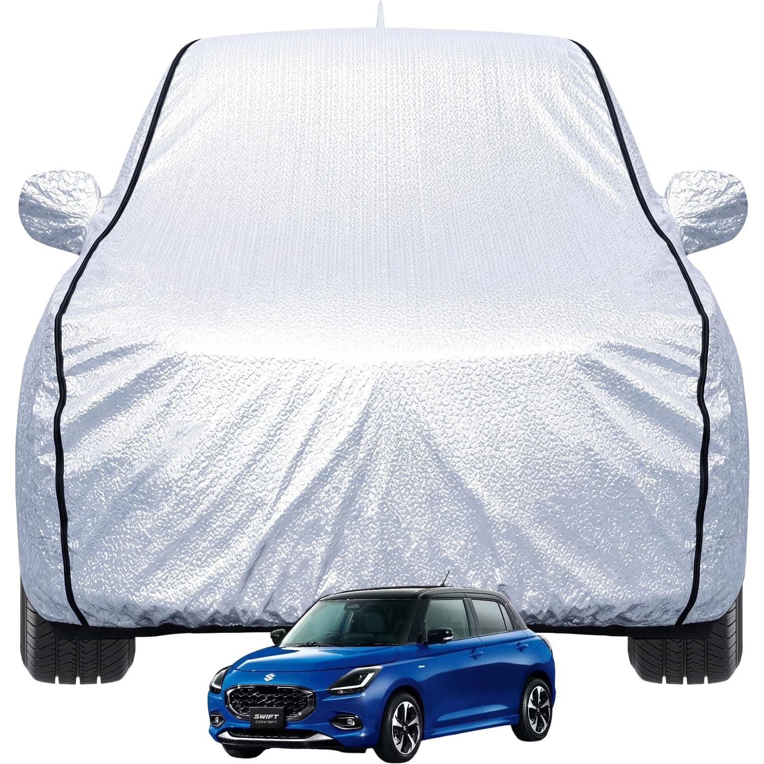 Pivalo Car Cover for Maruti Swift All Model & Years (2005-2026) 100% Waterproof with Mirror & Antenna Pocket Triple Stitched Bottom Elastic Dustproof Full Body Protection (Heat & UV Resistant, Silver)