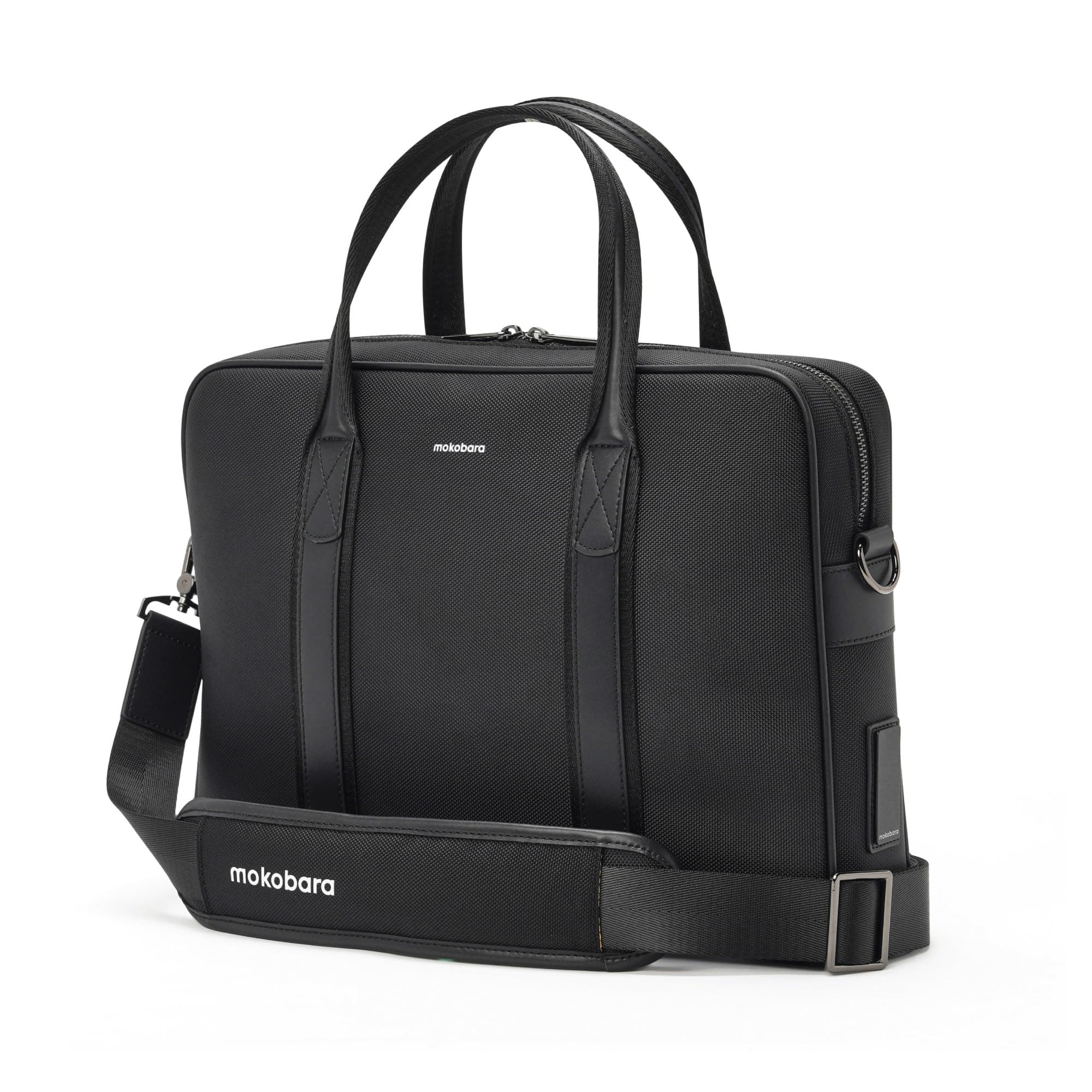 MOKOBARA Decaf Briefcase(8.5L),Nylon & Vegan Leather,Water Resistant,Laptop Sleeve for 15" Laptop,Retractable Key Holder,Detachable Shoulder Strap,Luggage Strap,Black(Money Moves)