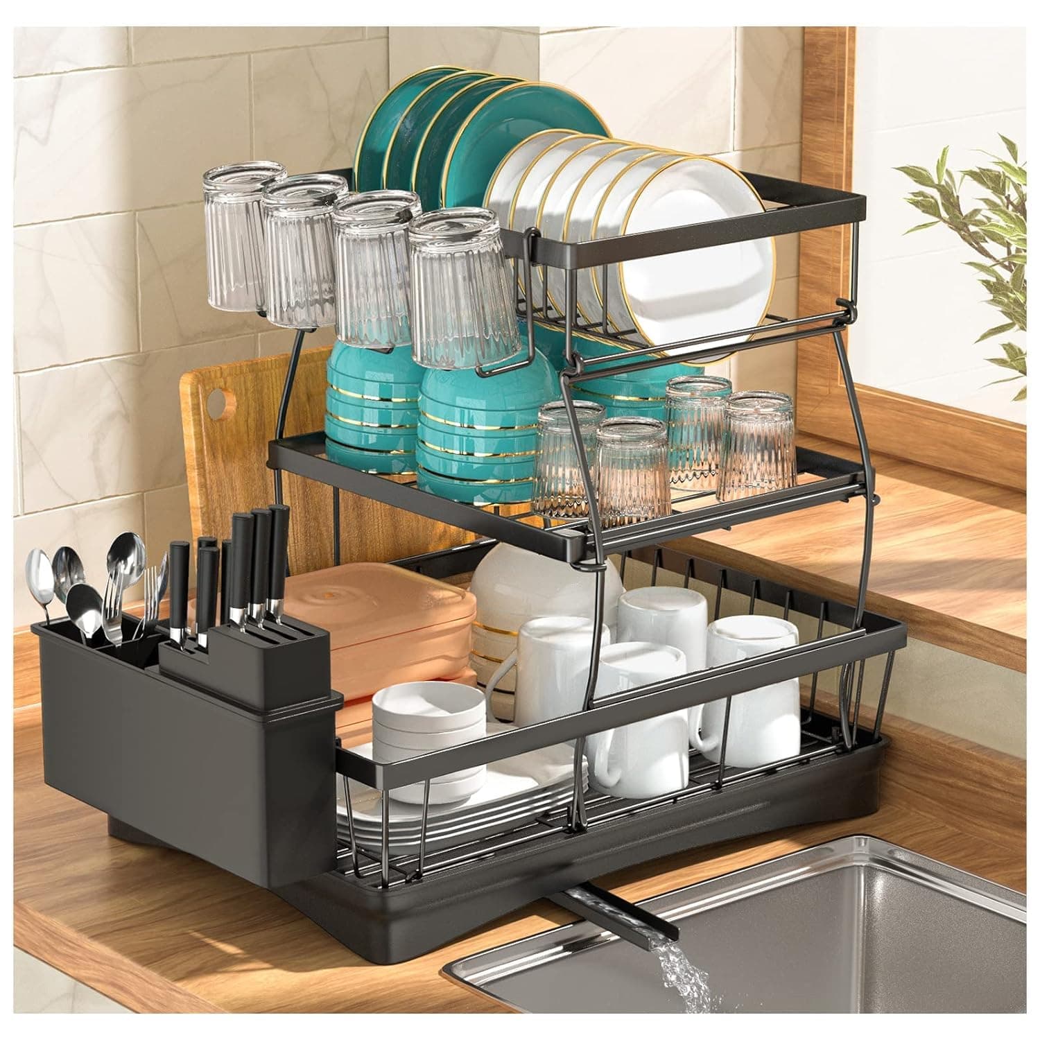 ROY ENTERPRISE Large Dish Drying Rack for Kitchen Counter, Detachable Large Capacity Dish Drainer Organizer, 3-Tier Dish Racks with Utensil Holder (Black 3 Layer)