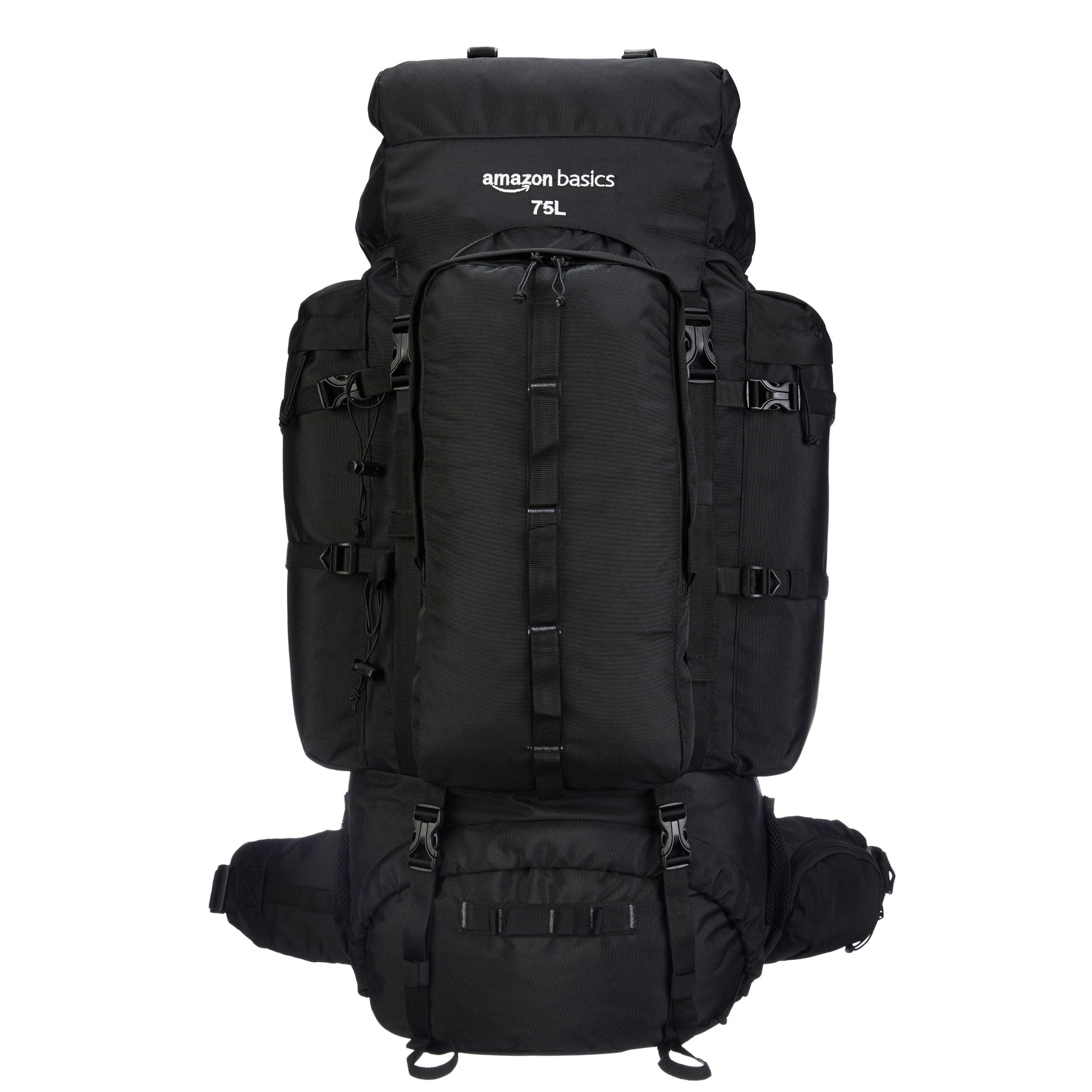 Amazon Basics 75 Liters Hiking Bag with Rain Cover | Trekking, Travel Bag for Men & Women | with Laptop Sleeve & Shoe Compartment | Unisex Camping Rucksack | Internal Frame Hardback | Black