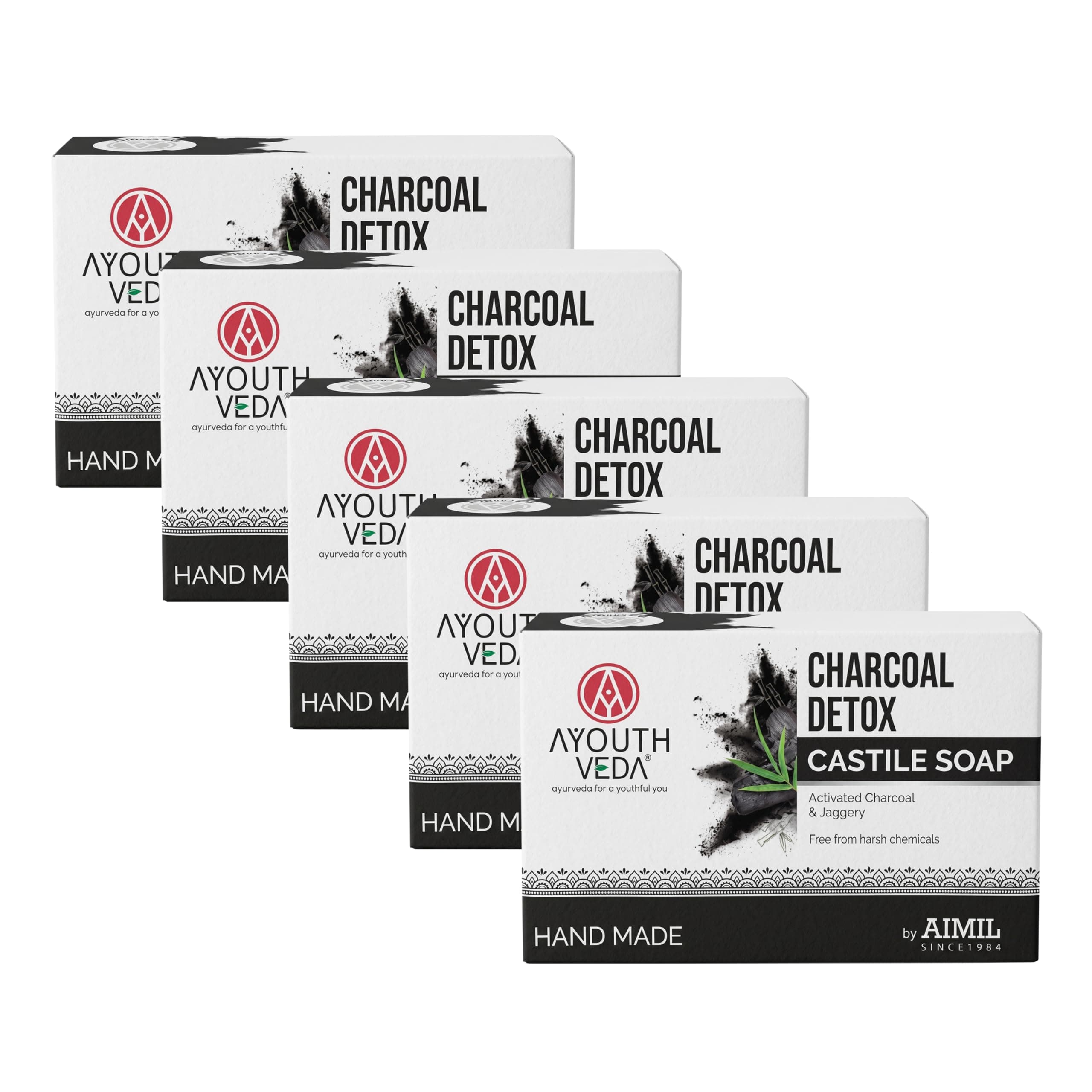 Ayouthveda Charcoal Detox Handmade Castile Soap | Charcoal, Jaggery & Five Nourishing Oils | Skin Brightening & Deep Cleansing Bath Soap for Men & Women | Helps Reduce Tanning | 110g (Pack of 3)