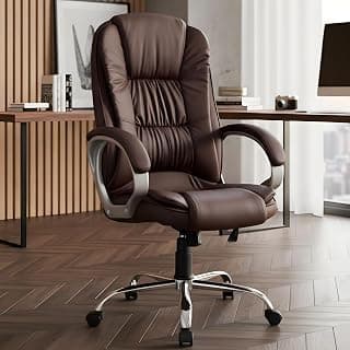 MRC M061 Ergonomic High Back Premium Leatherette Office Chair with Fixed Armrests, Heavy Duty Chrome Base,| Home Office Desk Chair, 3 Years Warranty,Pre-Assembled (Brown)