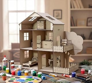 stonkraft Wooden Dollhouse with Furniture - Construction Toy, Modeling kit, School Project - Easy to Assemble (Doll House with Furniture) - Pine Wood, Beige(Pack of 1 Set)