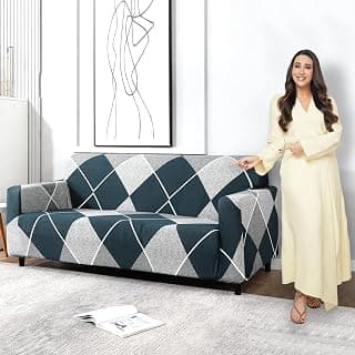 HOKIPO Elastic Stretchable Triple Seater Sofa Cover, Blue Rhombus (AR-4095-D15)