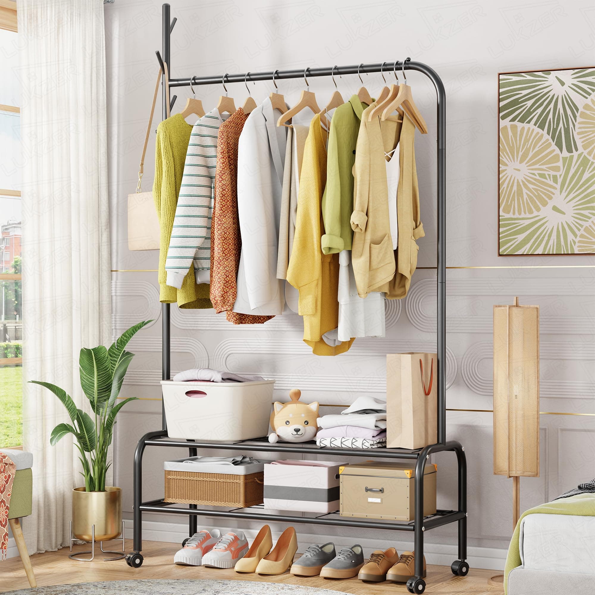 Lukzer | MGR-006 | Black | Multipurpose Single Pole Metal Garment Rack with Wheels & 2 Bottom Shelves – Movable Clothing Stand & Storage Organizer for Bedroom, Hallway & More | 34 x 90 x 173 cm