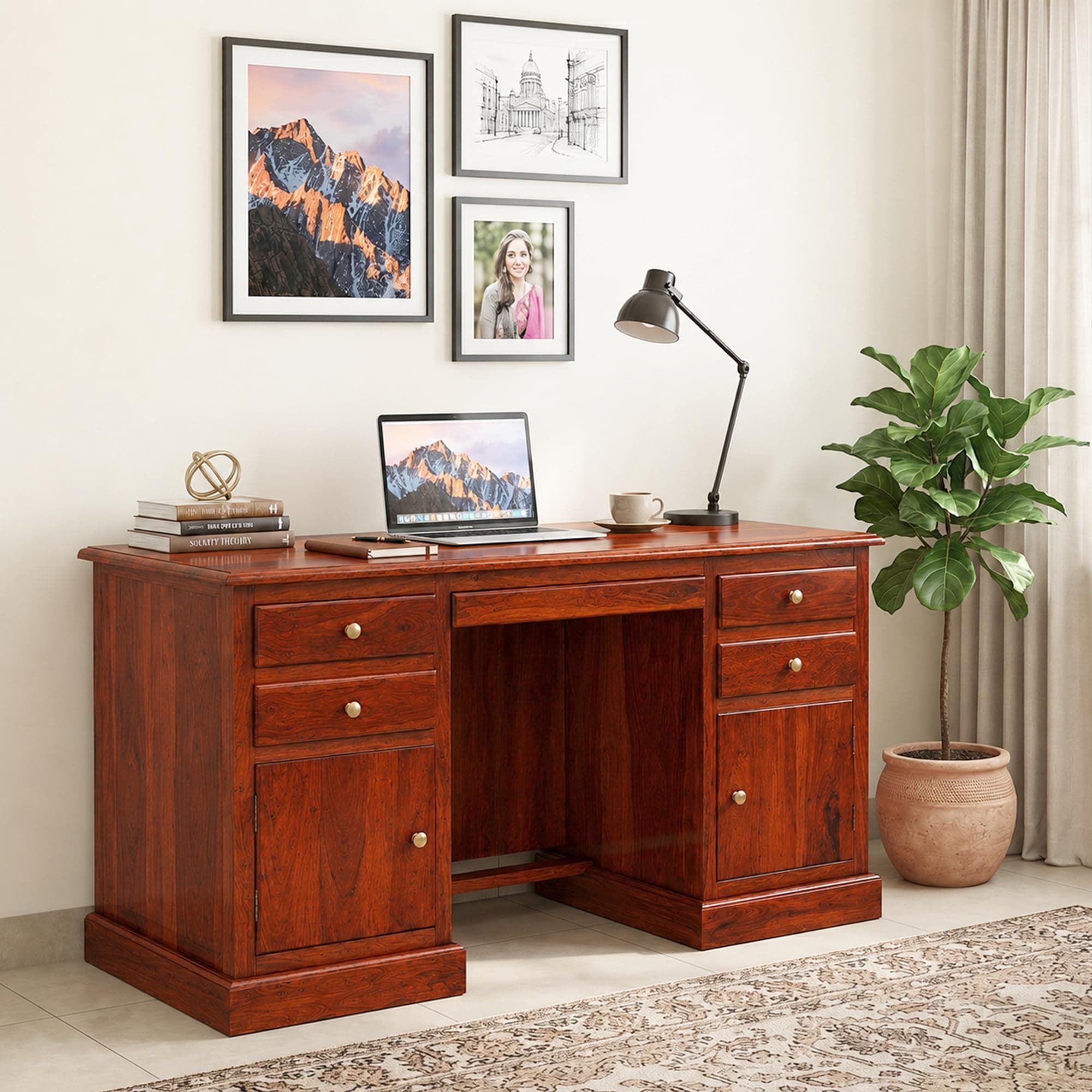 MODERN FURNITURE SHEESHAM Wooden Study Table for Students Big Size with 4 Drawers & 2 Doors Study Desk Table Office Table for Work from Home Writing Office Desk Computer Desk (Natural Honey Finish)