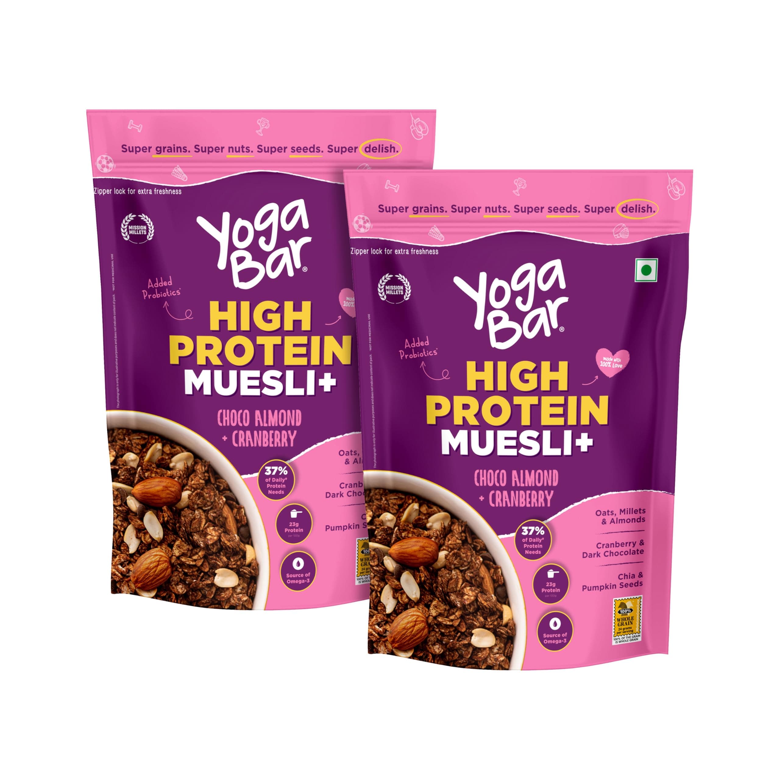 Yogabar High Protein Muesli 850g (Pack of 2) | 23g Protein per 100g | With Probiotics | Easy on gut | Choco Almond +cranberry | High Fiber Food