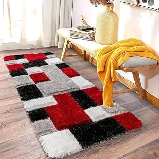 Naze Shaggy Carpet for Living Room Modern Geometric Rug Soft Thick Plush Area Rug | Home Floor Décor,Hall,Bed Room, 1.5X4 Feet (Red Box 3D)