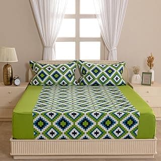Swayam Pure Cotton Double Bedsheet with 2 Pillow Covers | Size 90 x 108 inch | 200 TC | Geometric Design | Soft Breathable Bed Sheet | Comfortable & Durable for Bedroom - Green