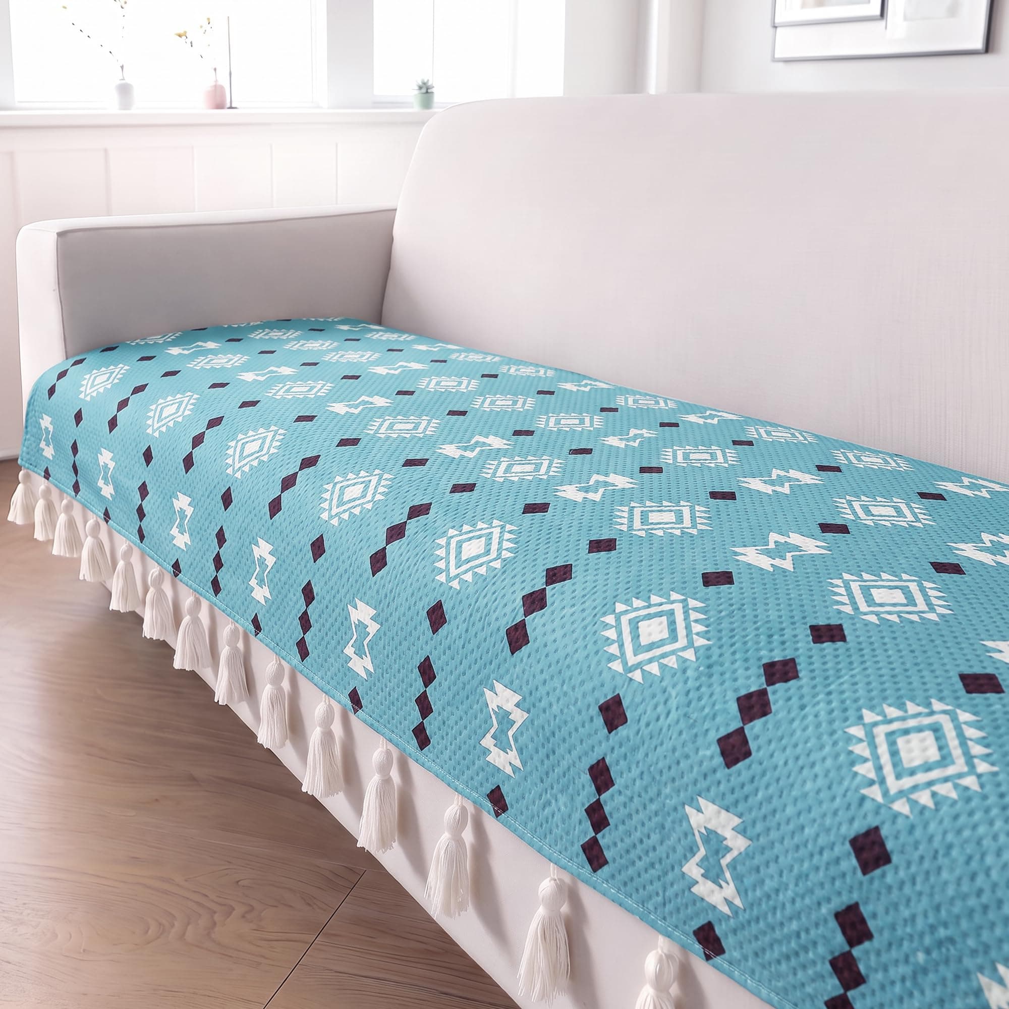 Yellow Weaves Printed 3 Seater Quilted Sofa Slip Cover Protector with Tassels, 70x180 cm | Sofa Throw with Fringe | Non Slip Couch Mat |Washable Slipcover for Living Room, Bedroom| Sky Blue Bohemian
